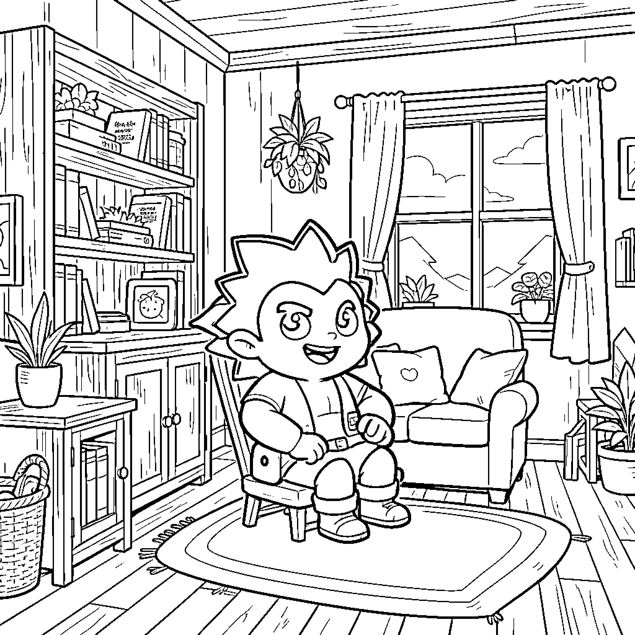 Spyke sitting happily in a cozy living room Coloring Page (free black-and-white line drawing printable PDF for all, from beginners to advanced learners, including children, teens, adults, and seniors)