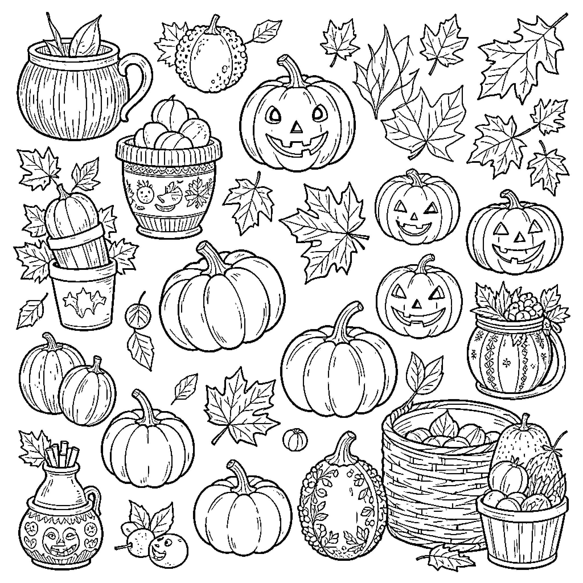 Autumn harvest scene featuring pumpkins and falling leaves Coloring Page (free black-and-white line drawing printable PDF for all, from beginners to advanced learners, including children, teens, adults, and seniors)