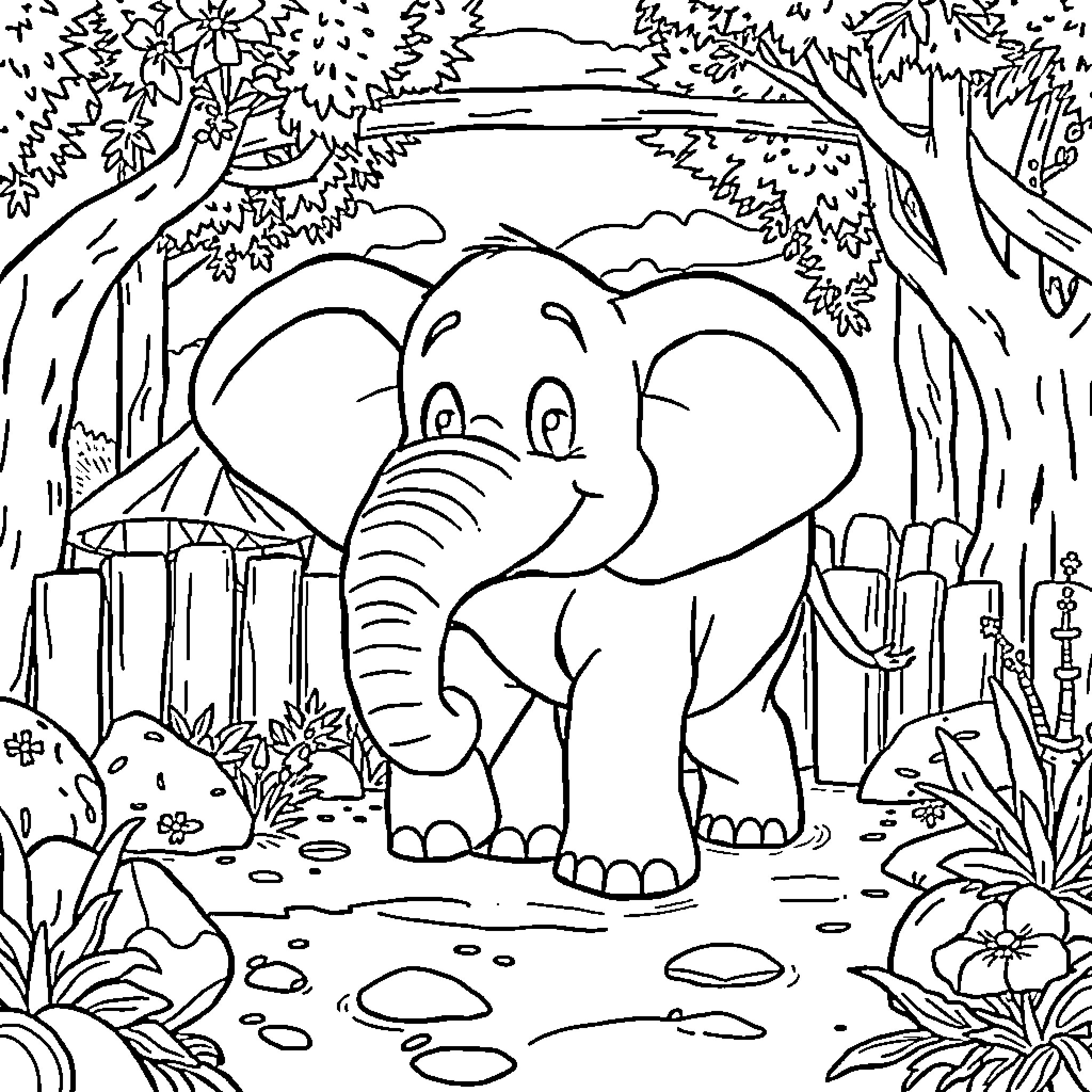 Elephant in the Vibrant Jungle Landscape Coloring Page (free black-and-white line drawing printable PDF for all, from beginners to advanced learners, including children, teens, adults, and seniors)