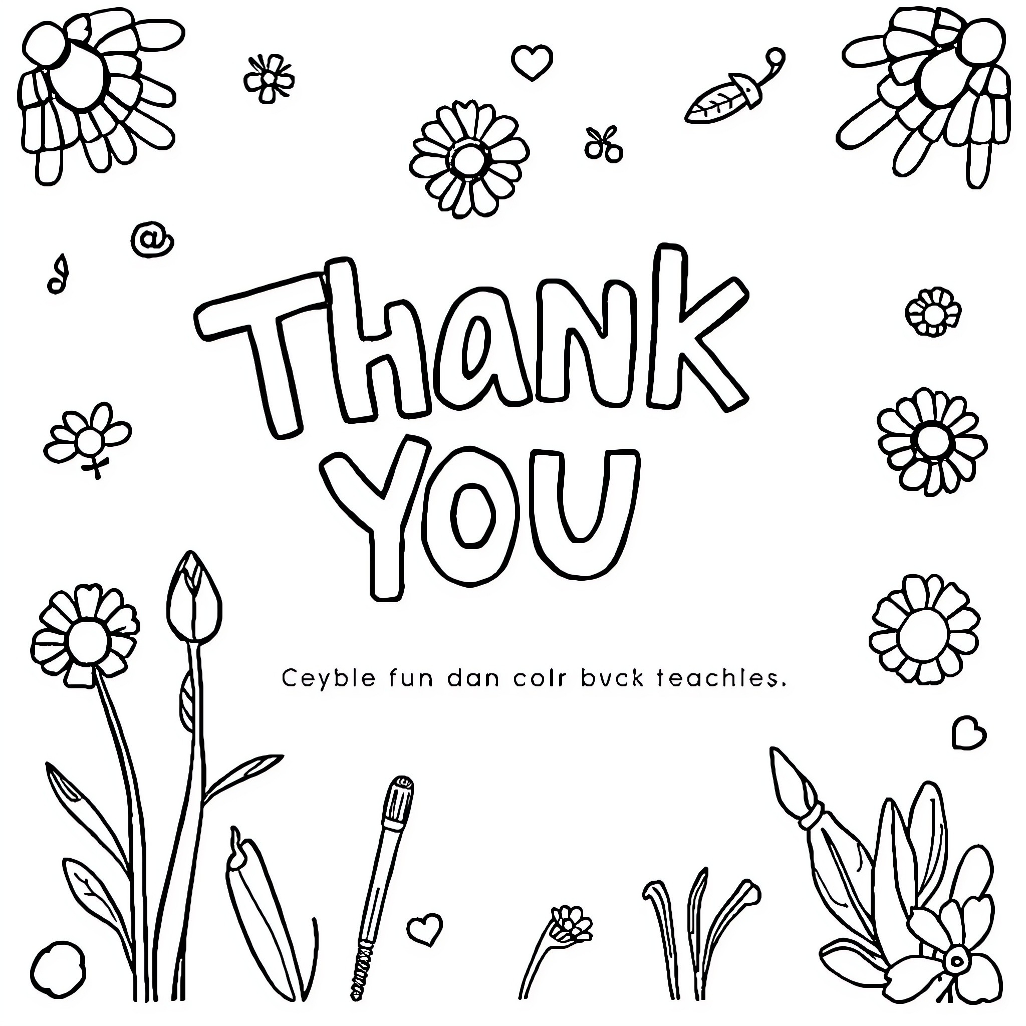 Thank You Card with Flowers, Hearts, and School Supplies Coloring Page (free black-and-white line drawing printable PDF for all, from beginners to advanced learners, including children, teens, adults, and seniors)