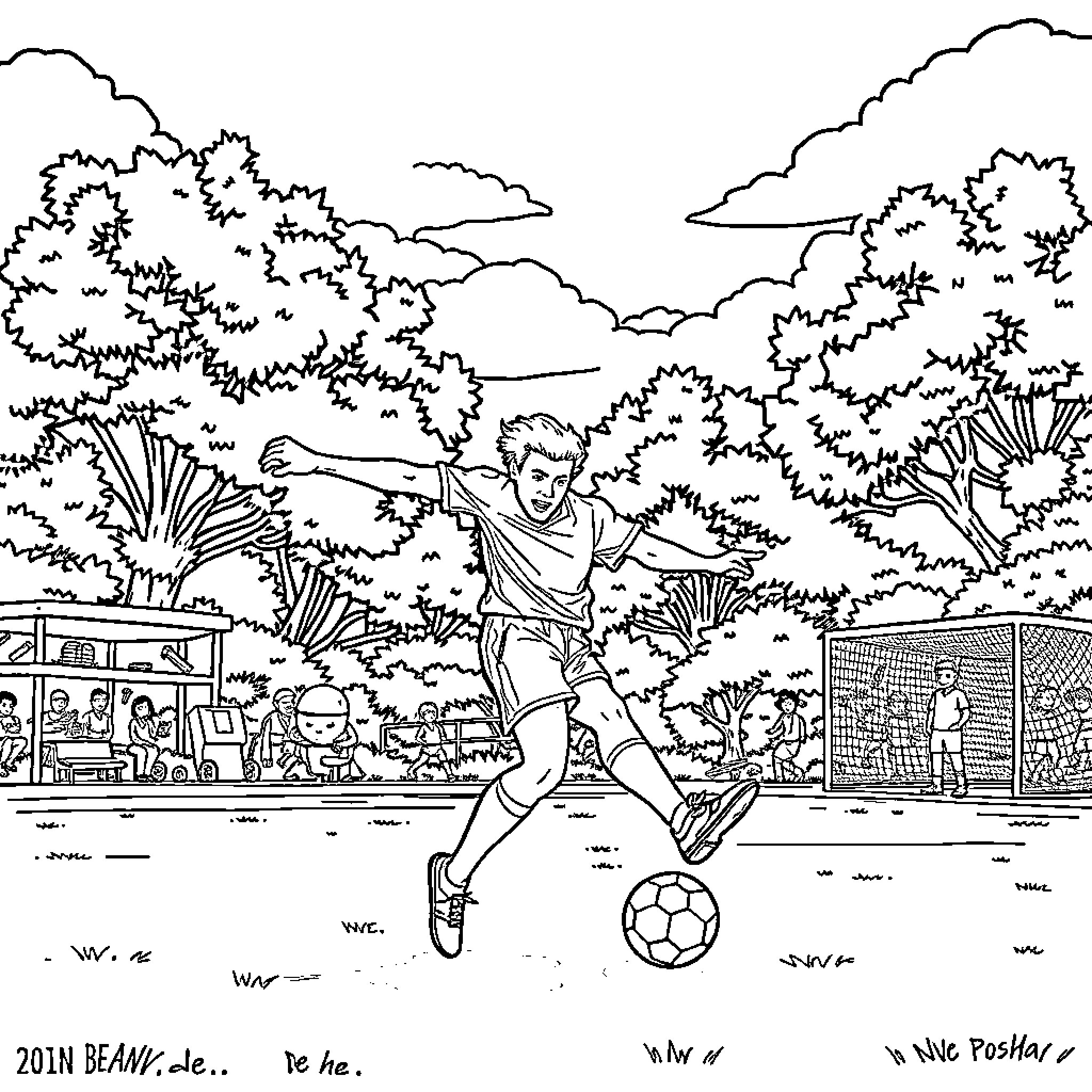Barman playing soccer in the park Coloring Page (free black-and-white line drawing printable PDF for all, from beginners to advanced learners, including children, teens, adults, and seniors)