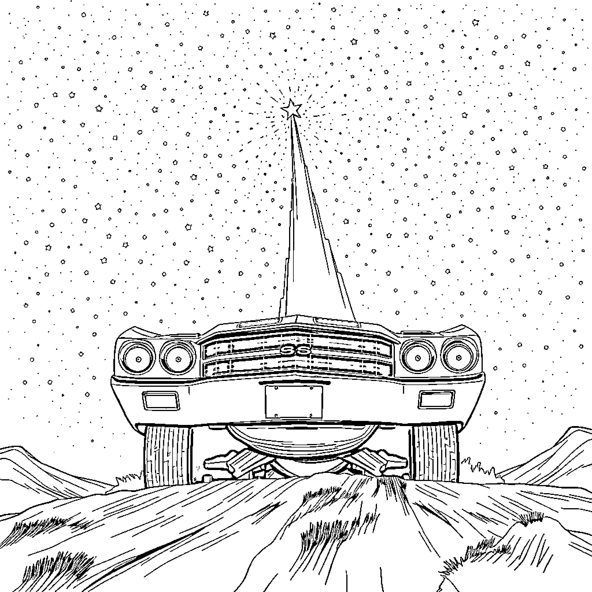 Chevelle Cruising Through Starry Landscape Coloring Page (free black-and-white line drawing printable PDF for all, from beginners to advanced learners, including children, teens, adults, and seniors)