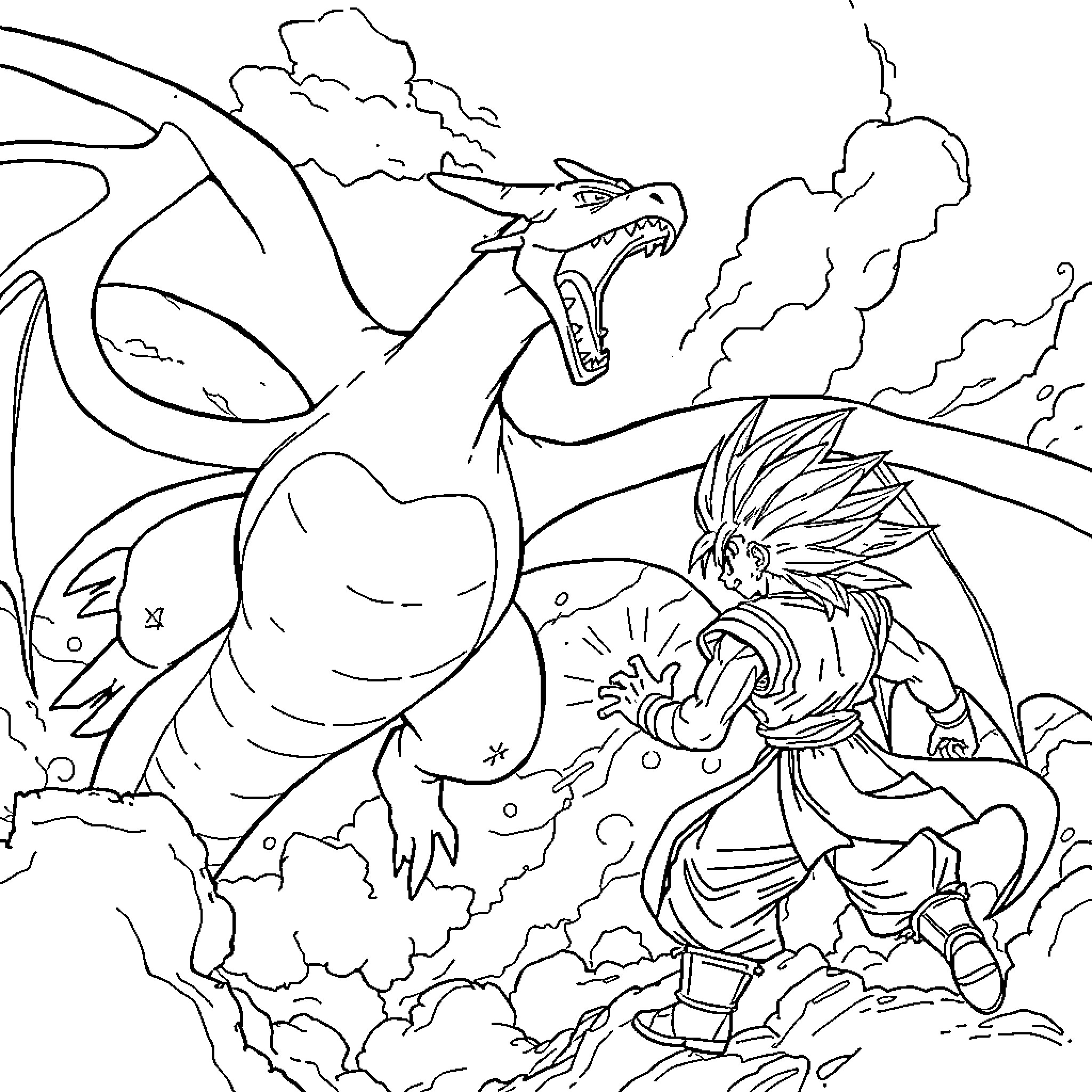 Rayquaza battling a warrior in the skies Coloring Page (free black-and-white line drawing printable PDF for all, from beginners to advanced learners, including children, teens, adults, and seniors)