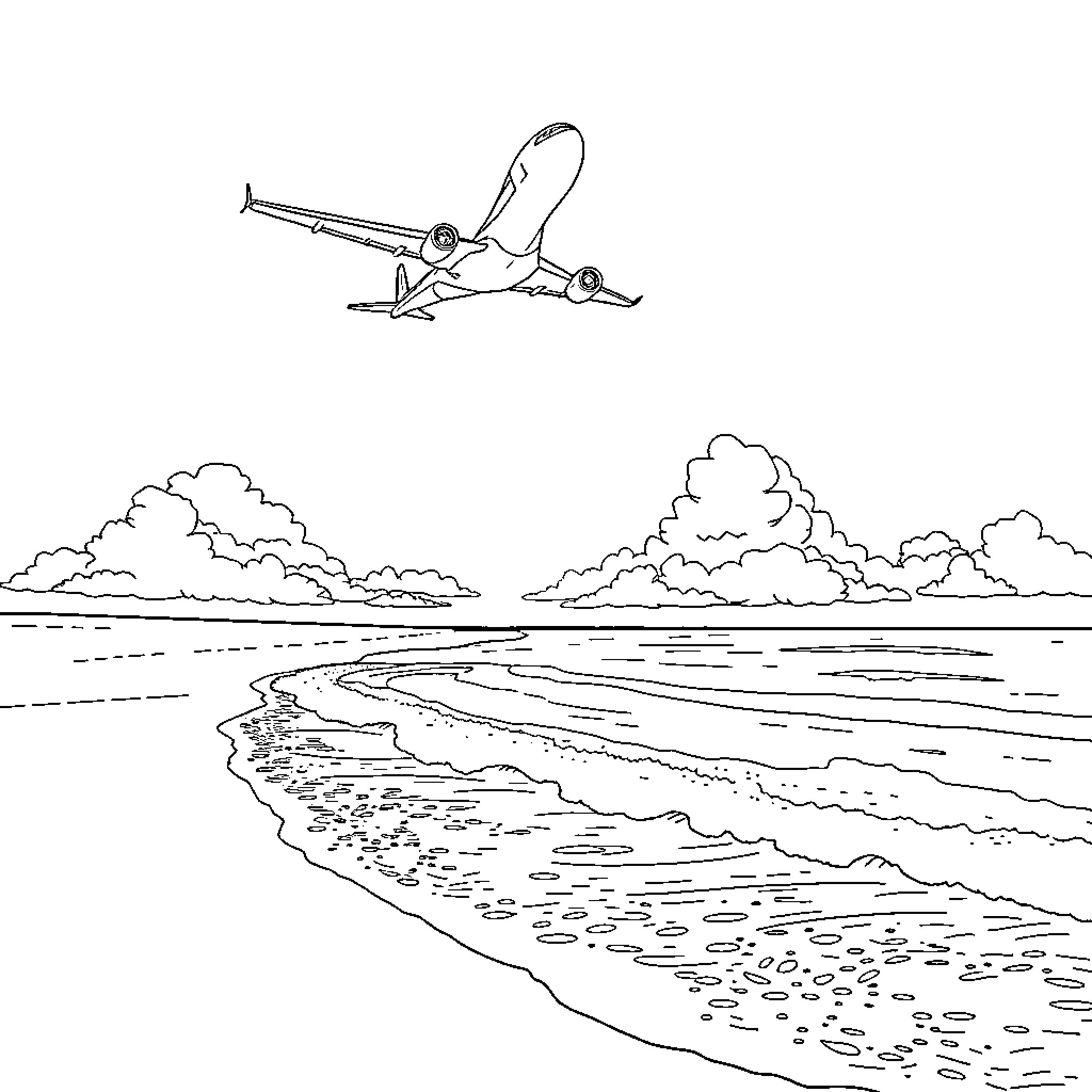 Airplane soaring over scenic beach landscape Coloring Page (free black-and-white line drawing printable PDF for all, from beginners to advanced learners, including children, teens, adults, and seniors)