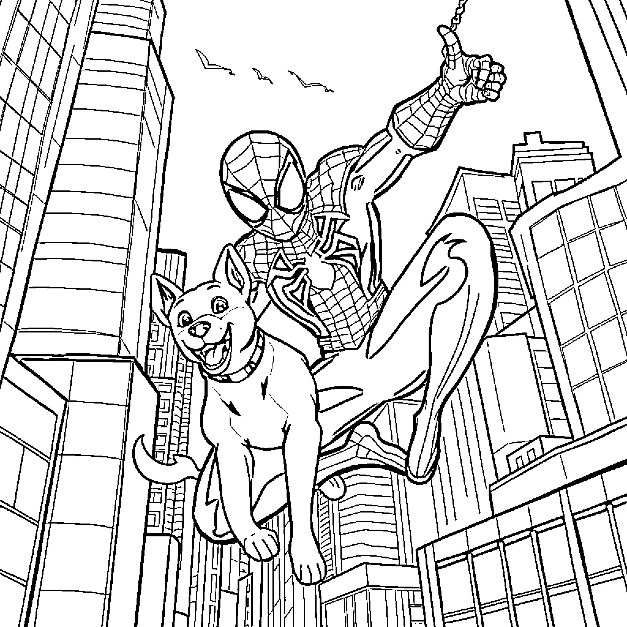 Spidey swinging through the city with a friendly pup Coloring Page (free black-and-white line drawing printable PDF for all, from beginners to advanced learners, including children, teens, adults, and seniors)