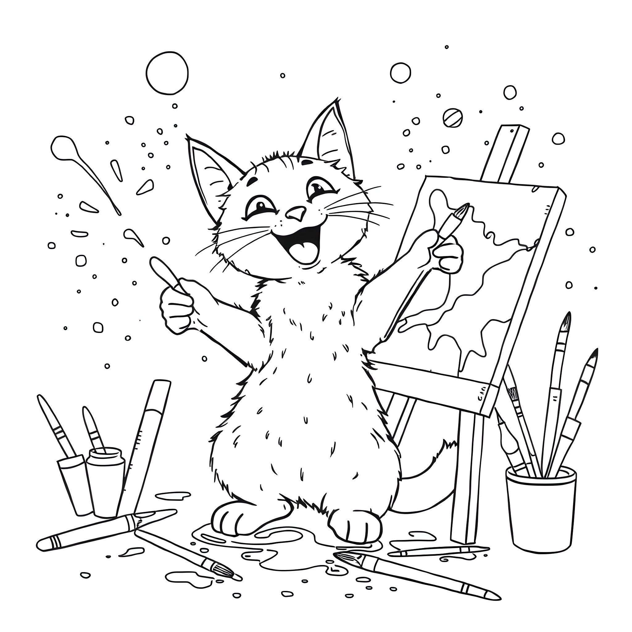 Cat Joyfully Painting on Easel Coloring Page (free black-and-white line drawing printable PDF for all, from beginners to advanced learners, including children, teens, adults, and seniors)