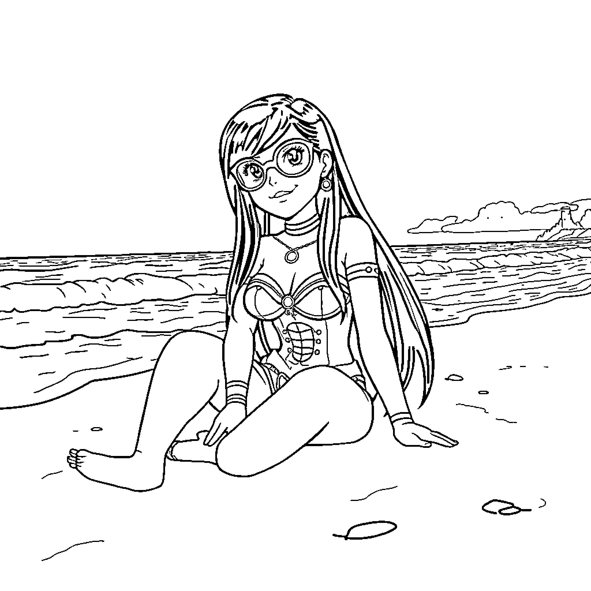 Nico Robin enjoying the beach scenery Coloring Page (free black-and-white line drawing printable PDF for all, from beginners to advanced learners, including children, teens, adults, and seniors)