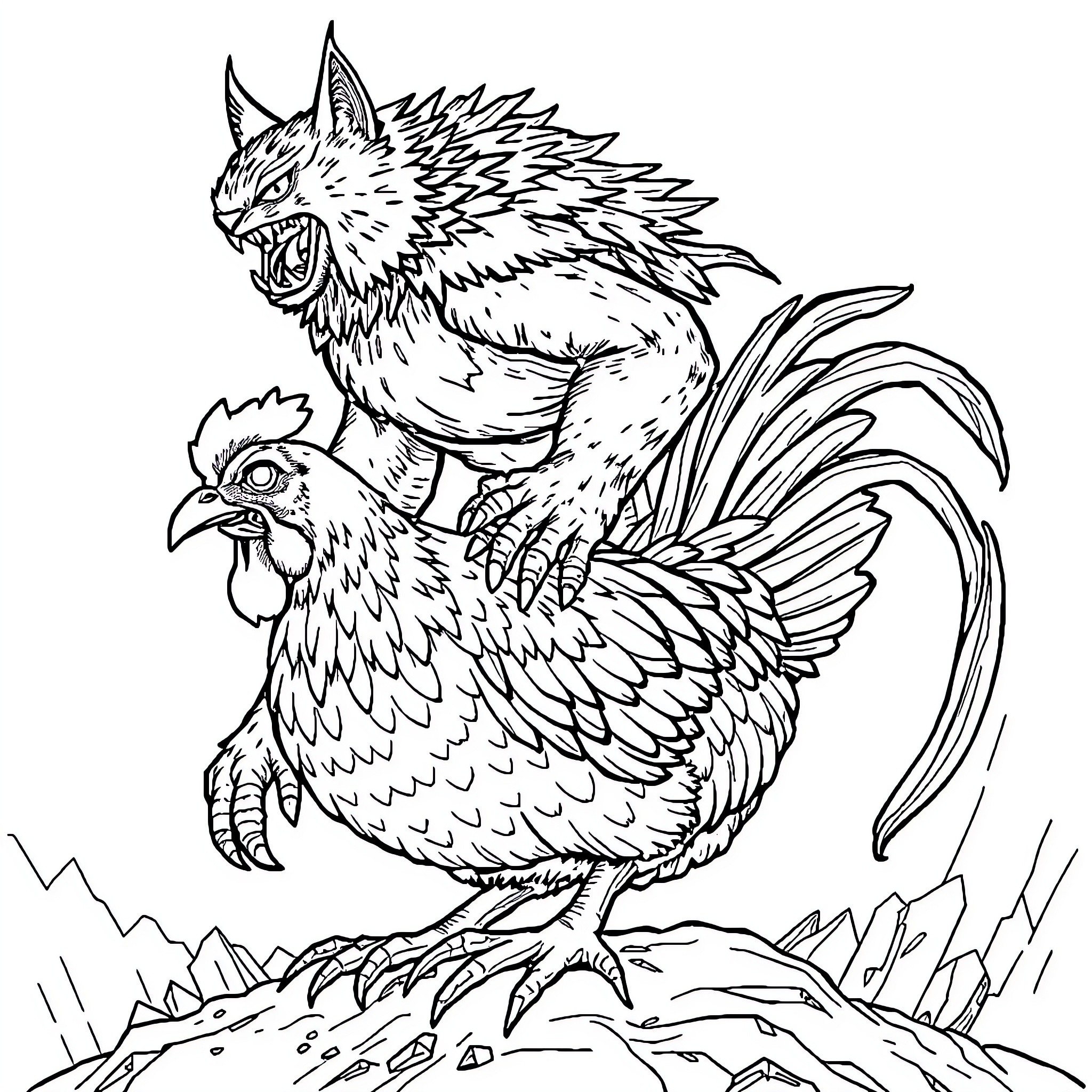 Catjira: Mystical Creature Encounter Coloring Page (free black-and-white line drawing printable PDF for all, from beginners to advanced learners, including children, teens, adults, and seniors)