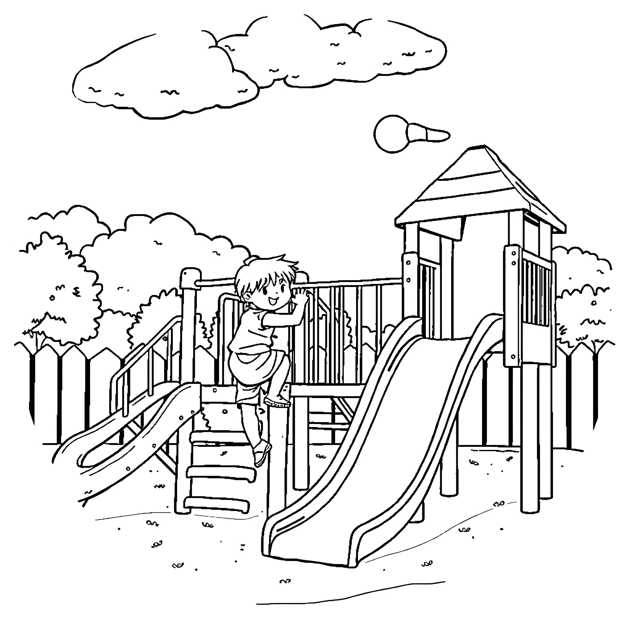 Child playing on outdoor playground equipment Coloring Page (free black-and-white line drawing printable PDF for all, from beginners to advanced learners, including children, teens, adults, and seniors)