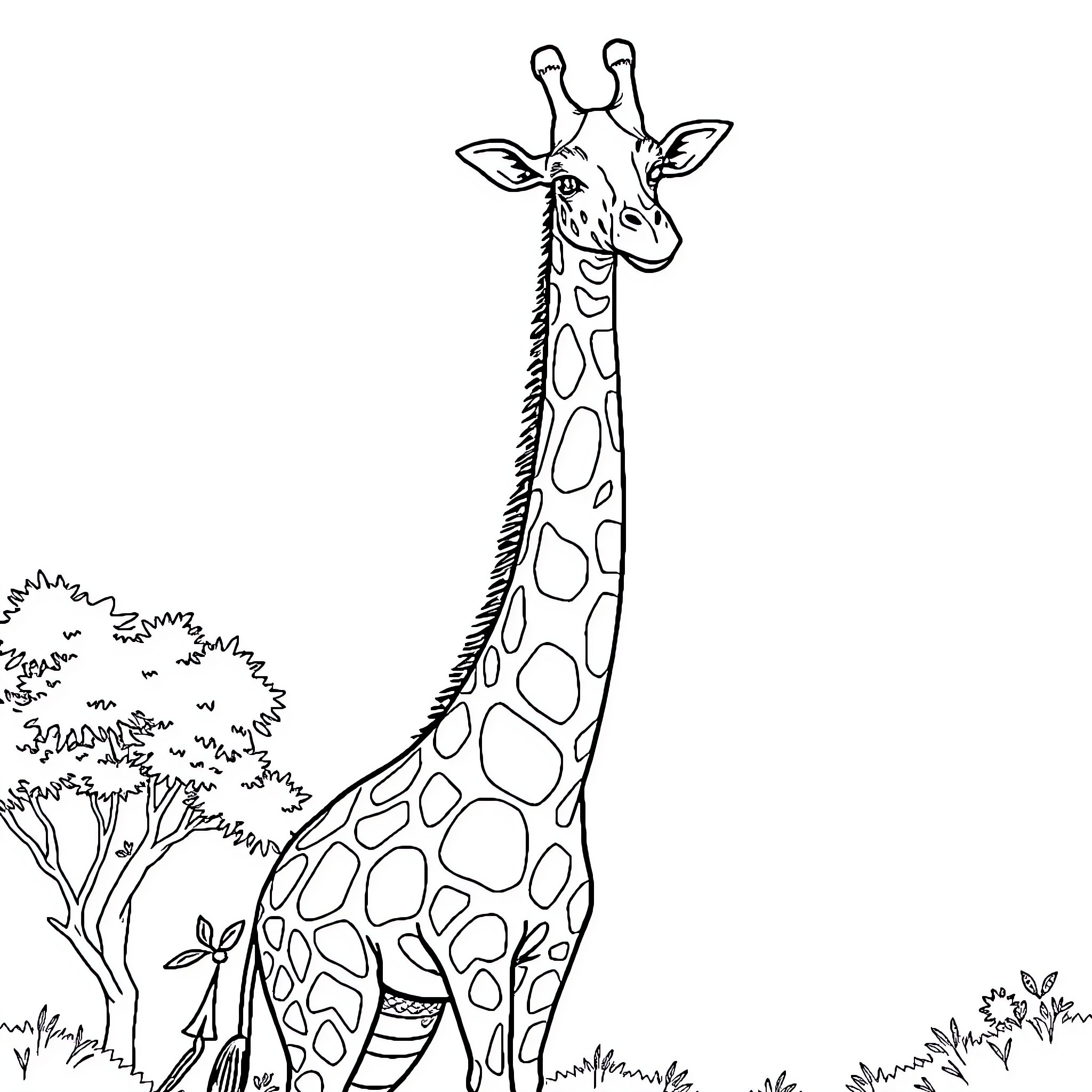 Giraffe standing tall in a natural setting Coloring Page (free black-and-white line drawing printable PDF for all, from beginners to advanced learners, including children, teens, adults, and seniors)