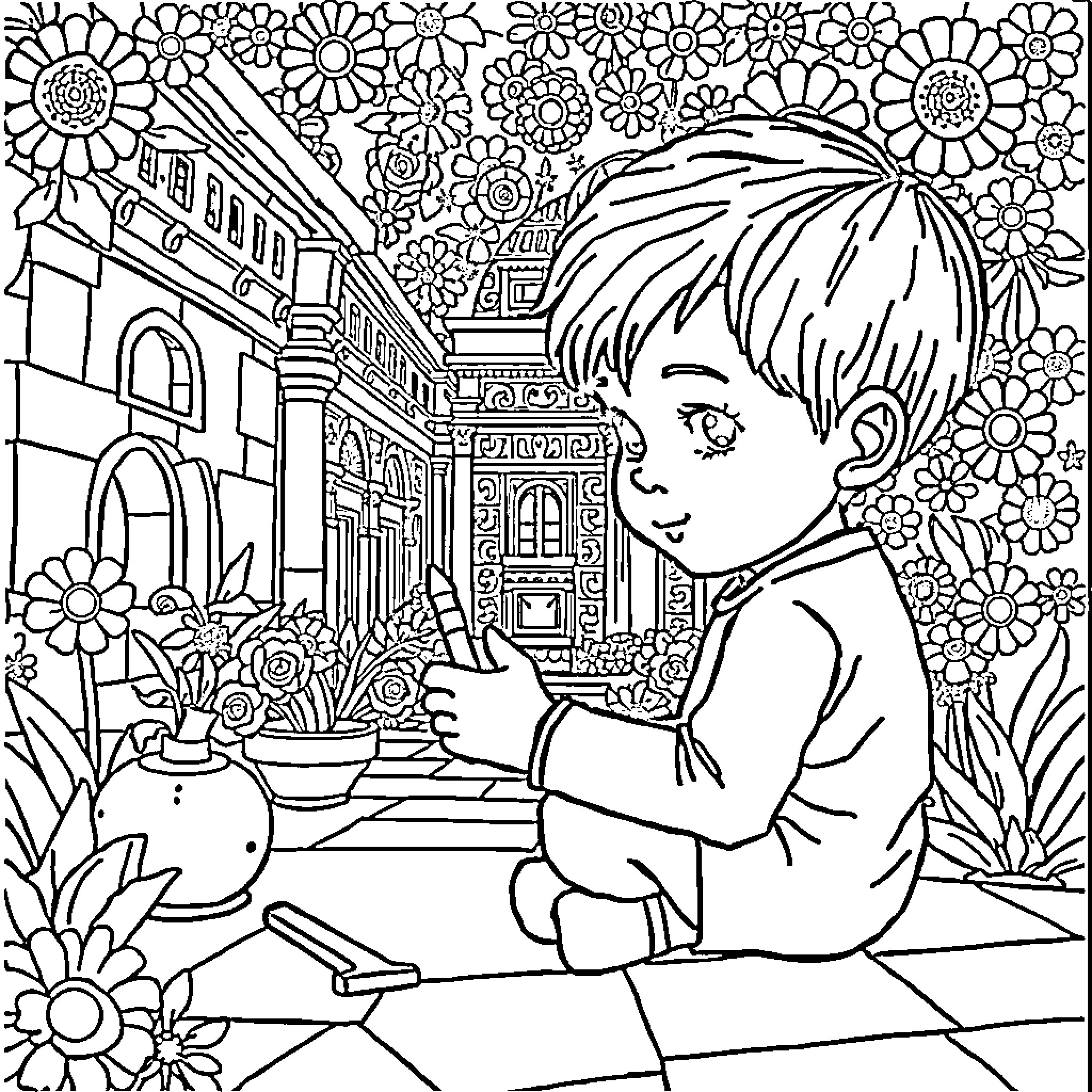 Mosaic of a child playing in a floral garden Coloring Page (free black-and-white line drawing printable PDF for all, from beginners to advanced learners, including children, teens, adults, and seniors)