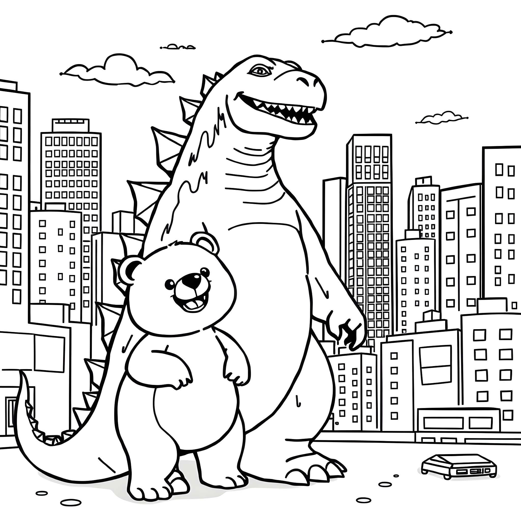 Bear and companion walking through the city Coloring Page (free black-and-white line drawing printable PDF for all, from beginners to advanced learners, including children, teens, adults, and seniors)