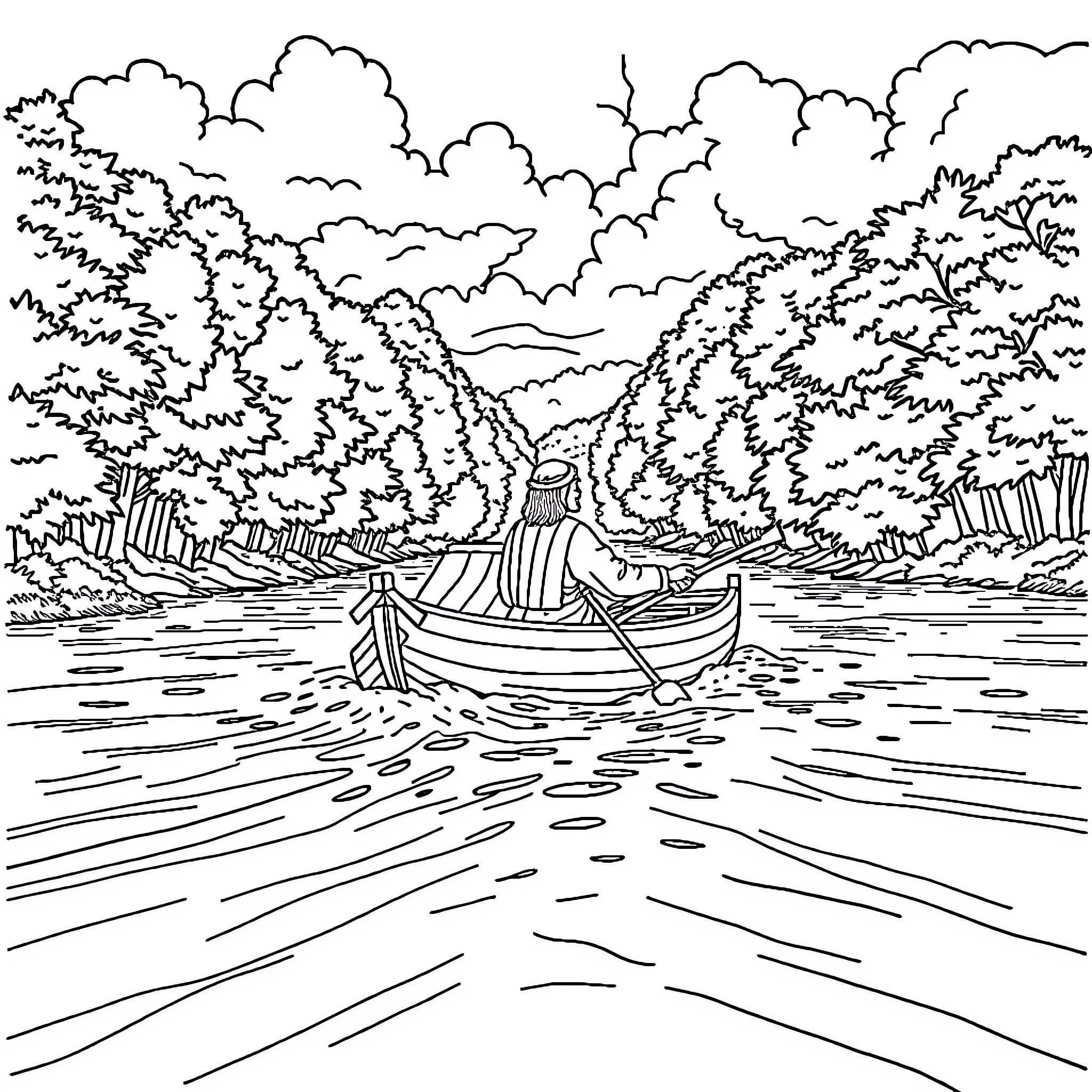 Lewis and Clark exploring the serene wilderness Coloring Page (free black-and-white line drawing printable PDF for all, from beginners to advanced learners, including children, teens, adults, and seniors)