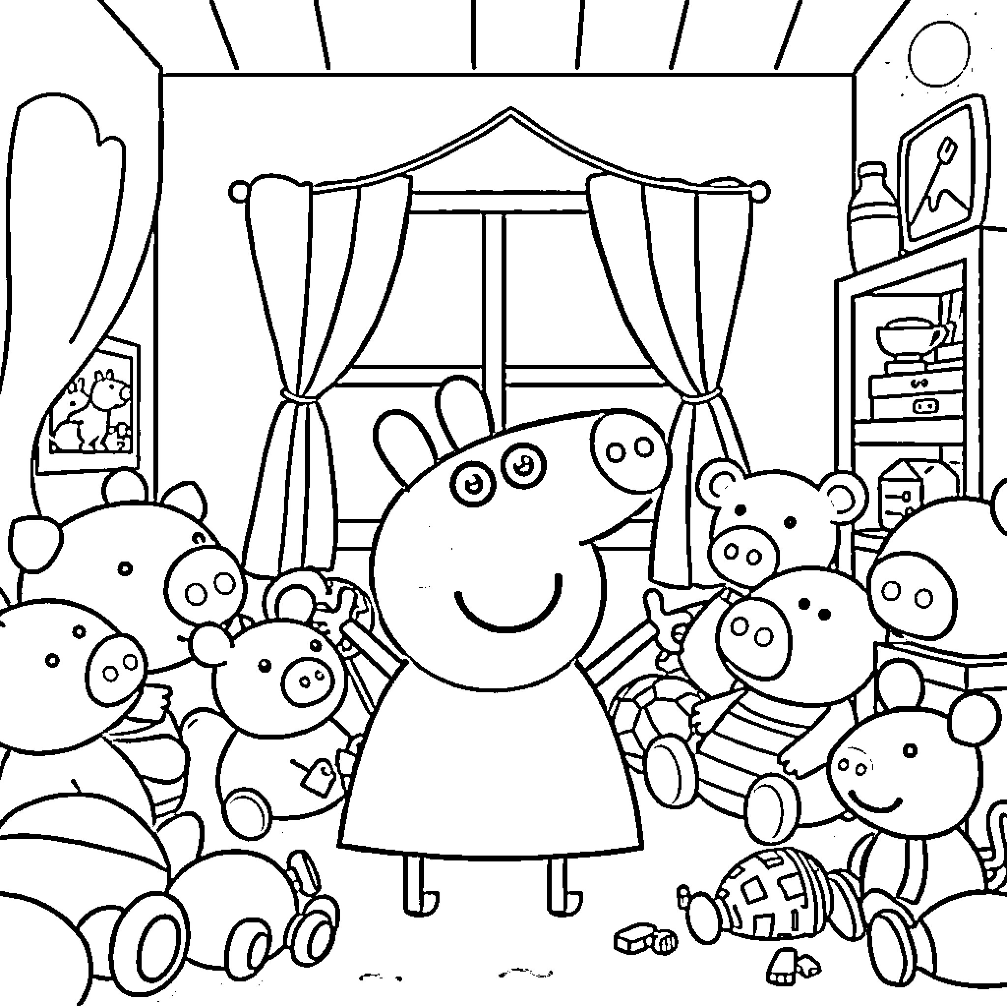 Peppa Pig and her friends having fun in the playroom Coloring Page (free black-and-white line drawing printable PDF for all, from beginners to advanced learners, including children, teens, adults, and seniors)