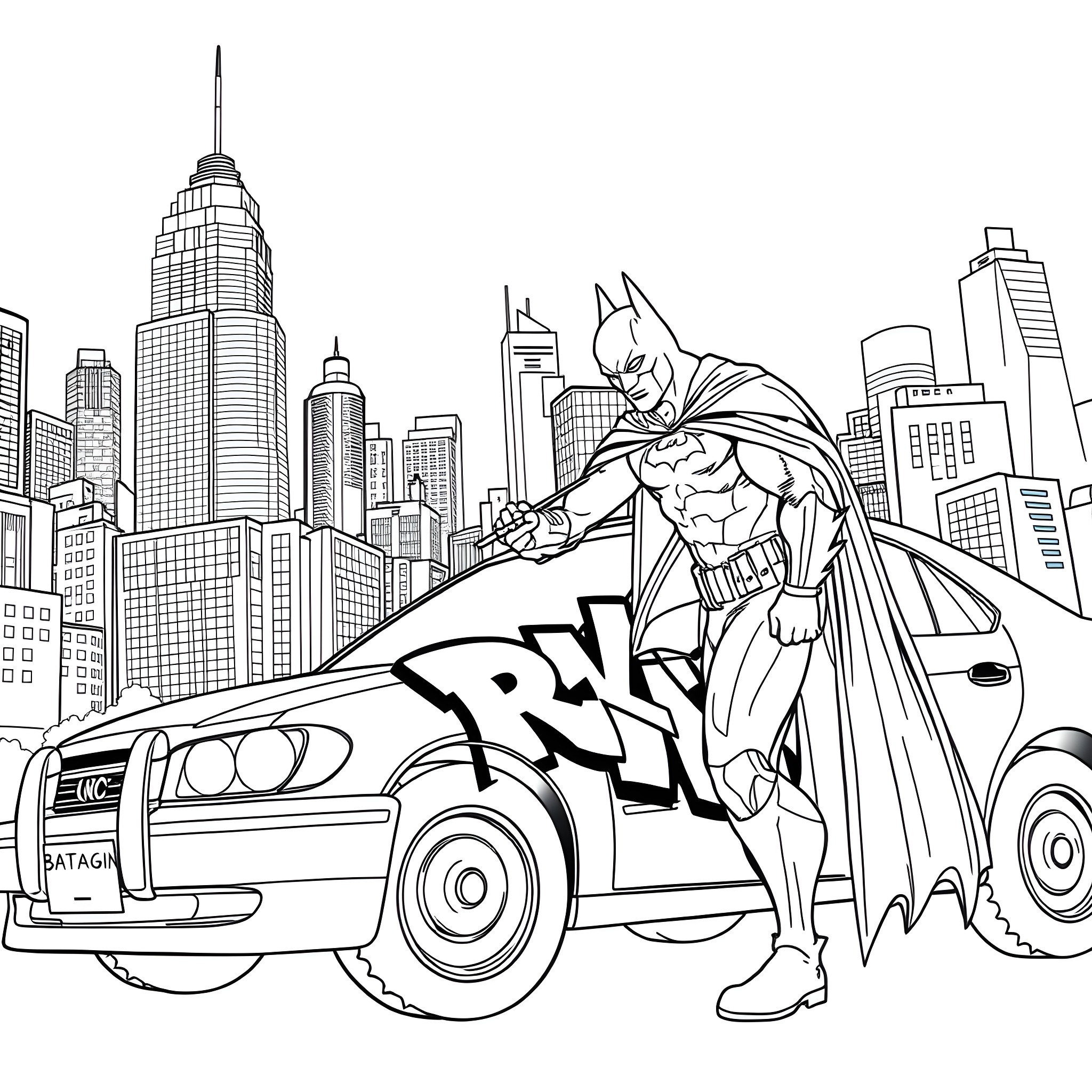 Batman Patrolling the City Streets in a Heroic Pose Coloring Page (free black-and-white line drawing printable PDF for all, from beginners to advanced learners, including children, teens, adults, and seniors)