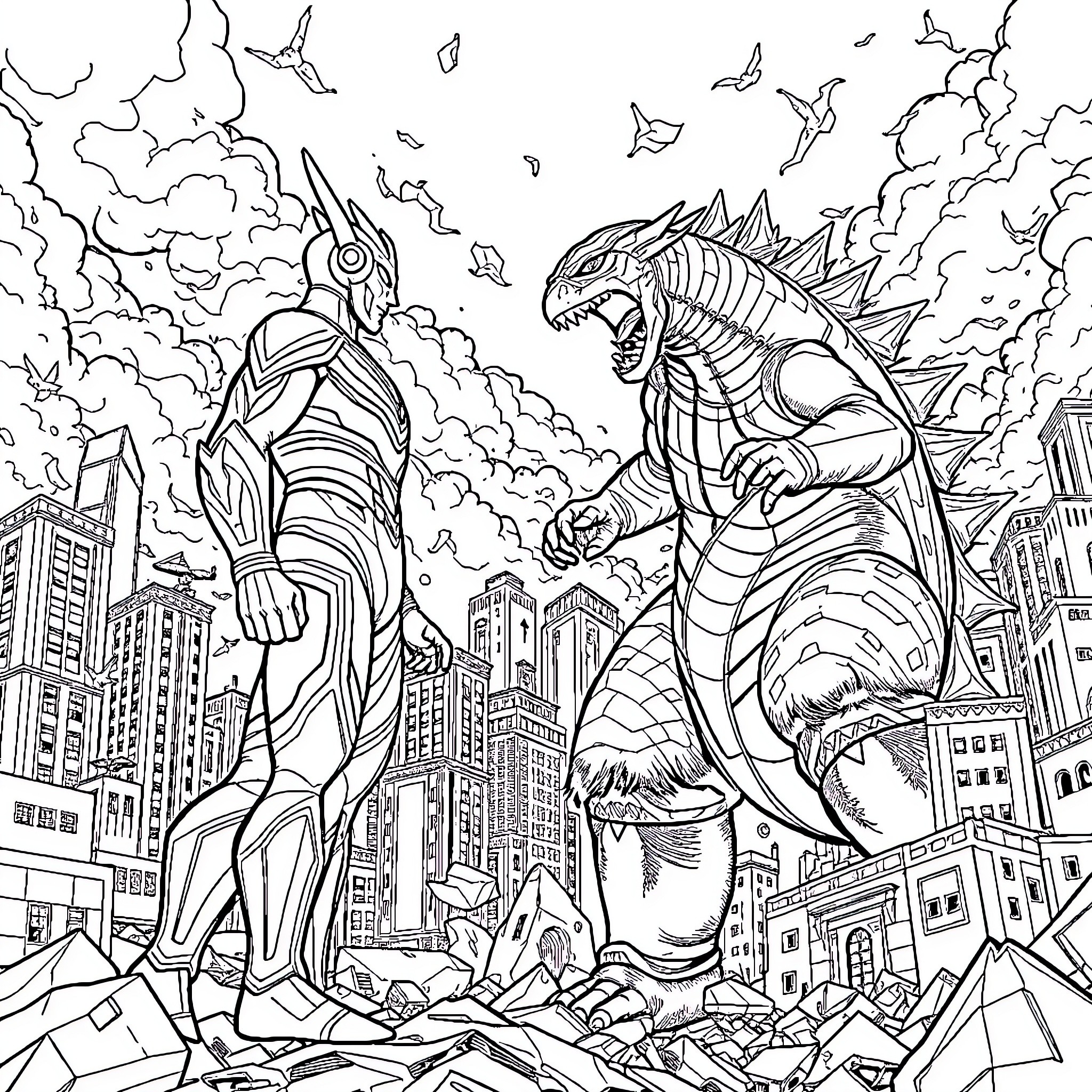 Ultraman battling giant kaiju monster in city Coloring Page (free black-and-white line drawing printable PDF for all, from beginners to advanced learners, including children, teens, adults, and seniors)