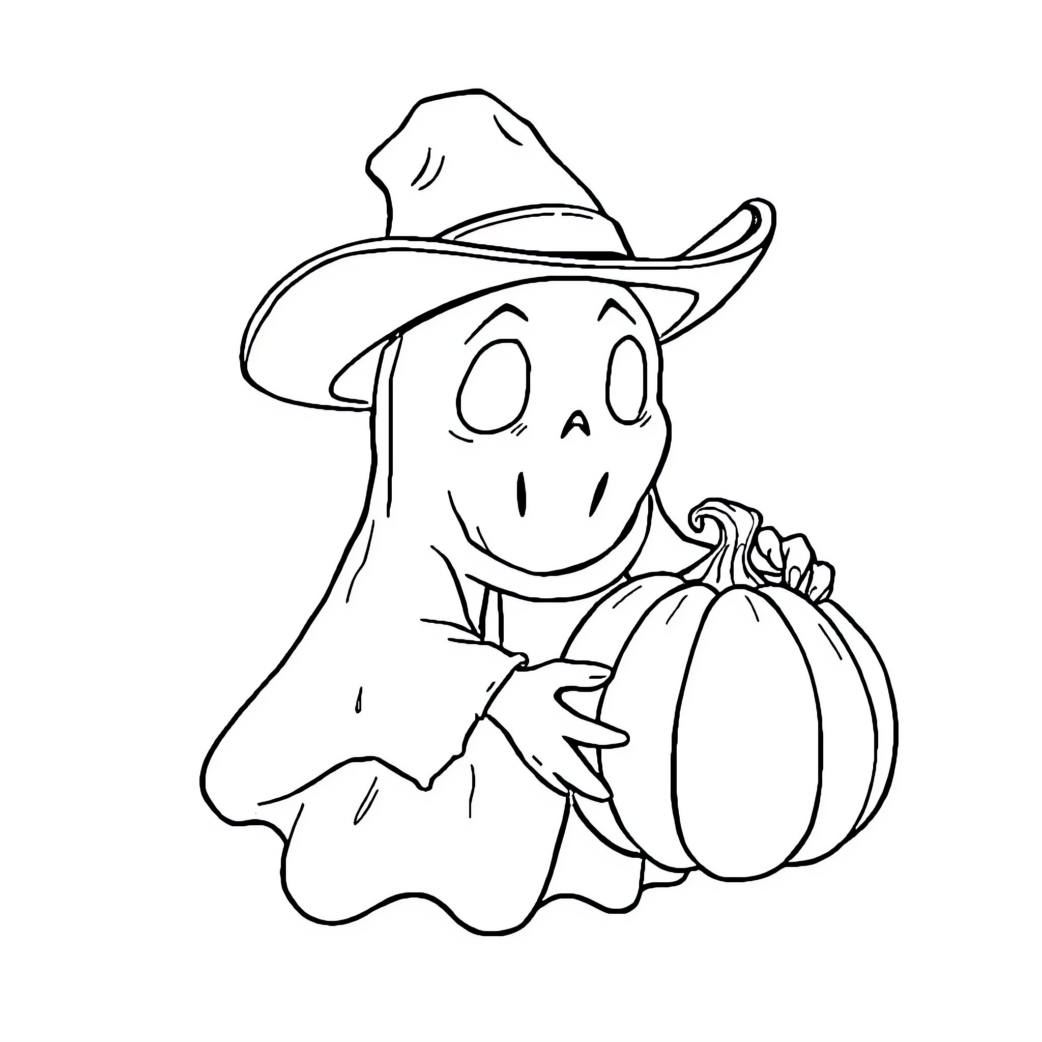Ghost in Cowboy Hat Holding Pumpkin Coloring Page (free black-and-white line drawing printable PDF for all, from beginners to advanced learners, including children, teens, adults, and seniors)
