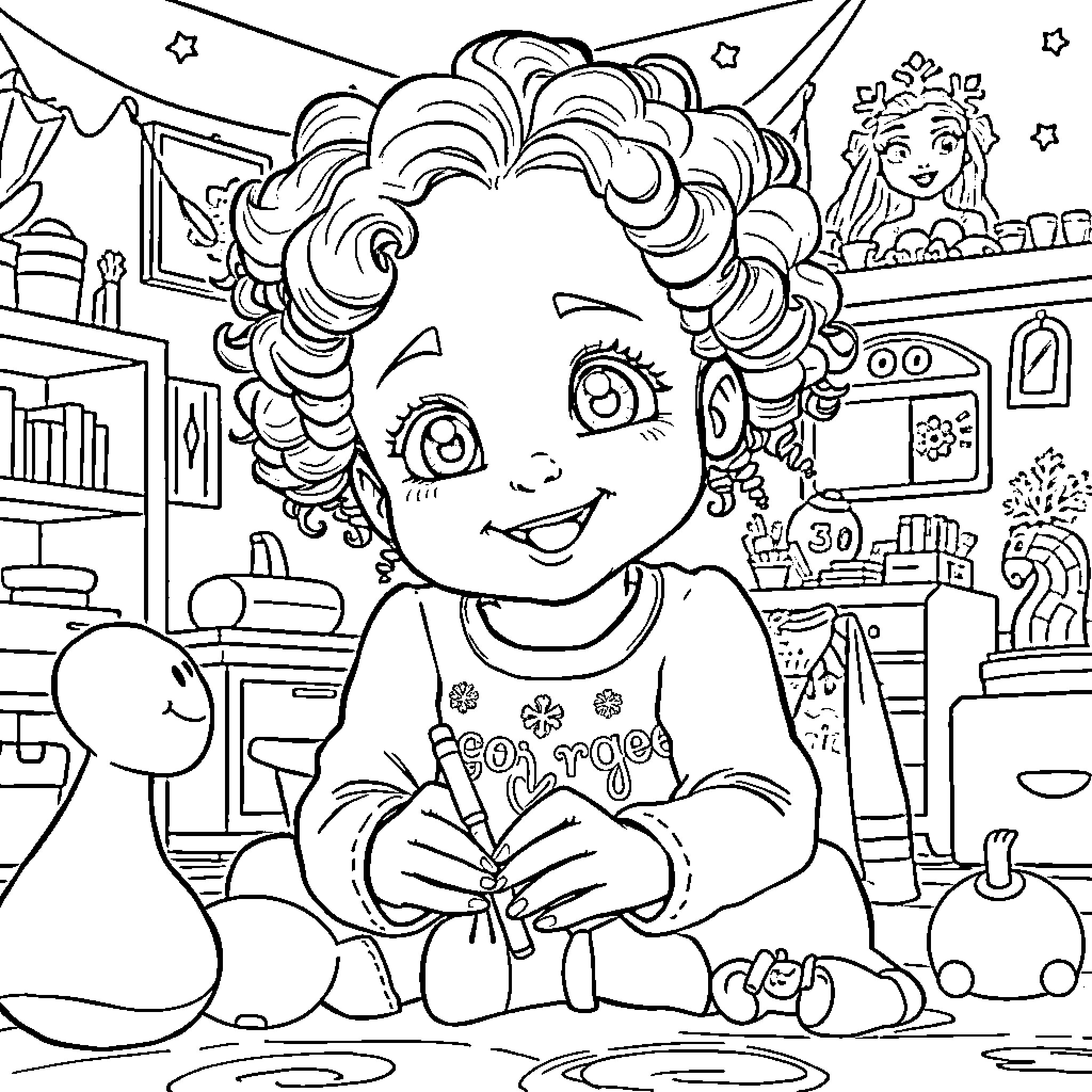 Girl playing with toys in colorful bedroom Coloring Page (free black-and-white line drawing printable PDF for all, from beginners to advanced learners, including children, teens, adults, and seniors)