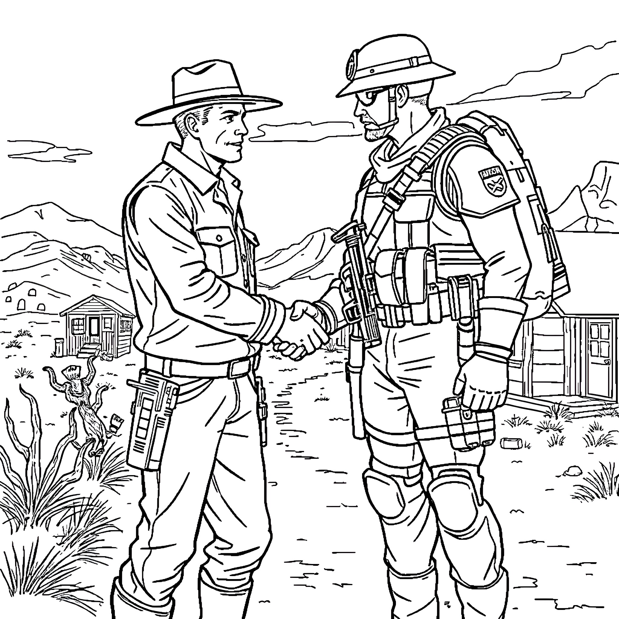 Ranger Shaking Hands with Researcher in Rugged Terrain Coloring Page (free black-and-white line drawing printable PDF for all, from beginners to advanced learners, including children, teens, adults, and seniors)