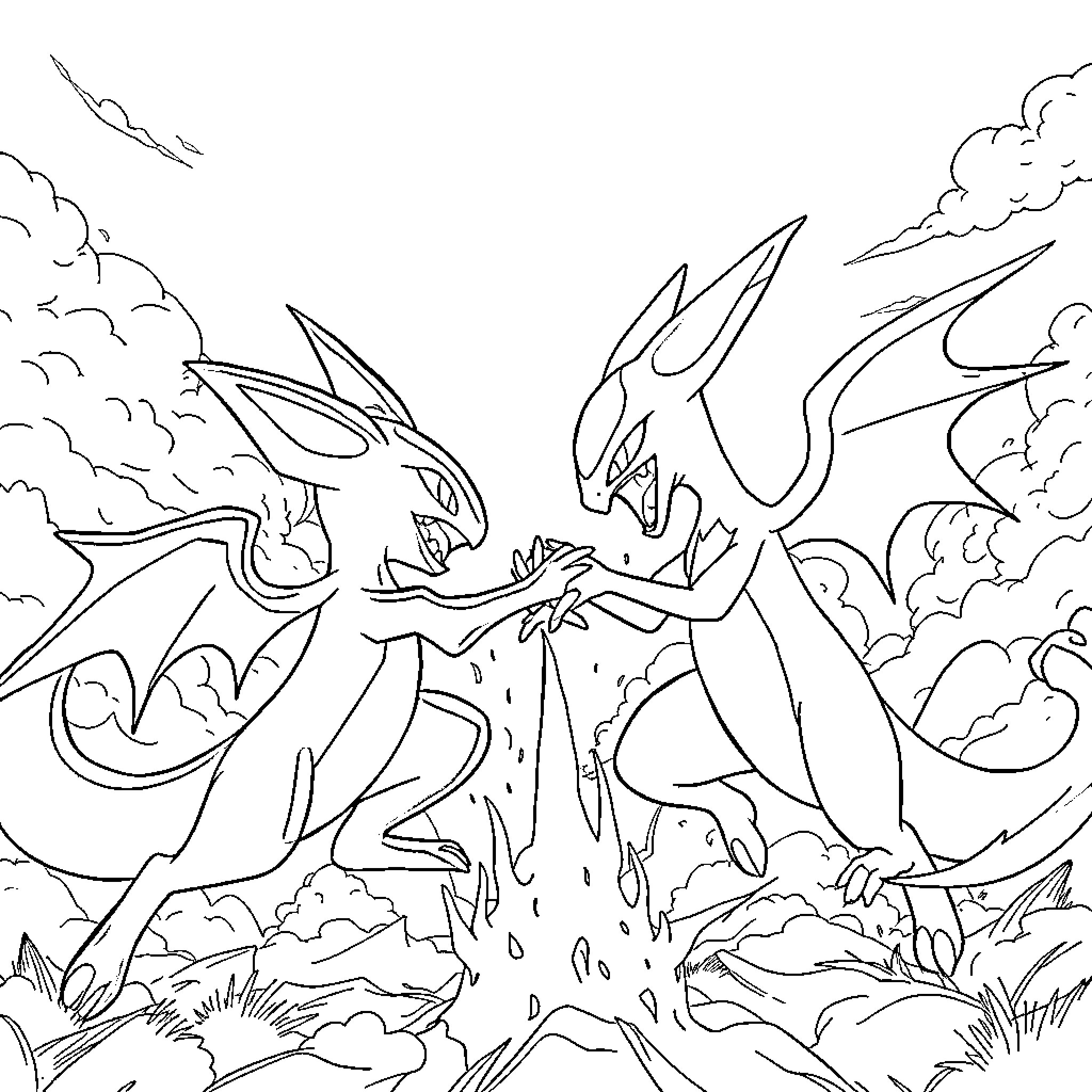 Mew Fierce Mythical Creature Battle in Clouds Coloring Page (free black-and-white line drawing printable PDF for all, from beginners to advanced learners, including children, teens, adults, and seniors)