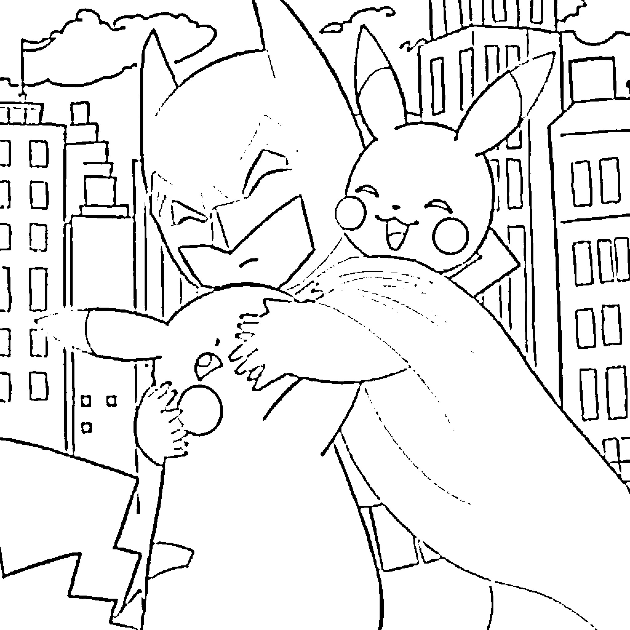 Pikachu exploring the city with excitement Coloring Page (free black-and-white line drawing printable PDF for all, from beginners to advanced learners, including children, teens, adults, and seniors)