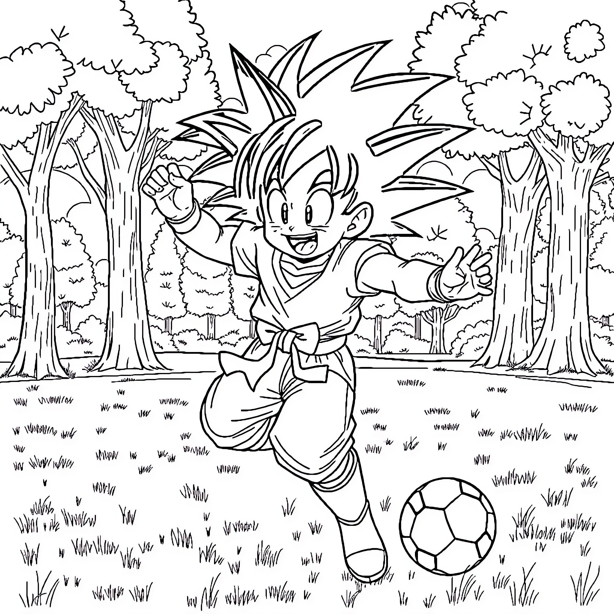 Goku playing with a soccer ball in the forest Coloring Page (free black-and-white line drawing printable PDF for all, from beginners to advanced learners, including children, teens, adults, and seniors)