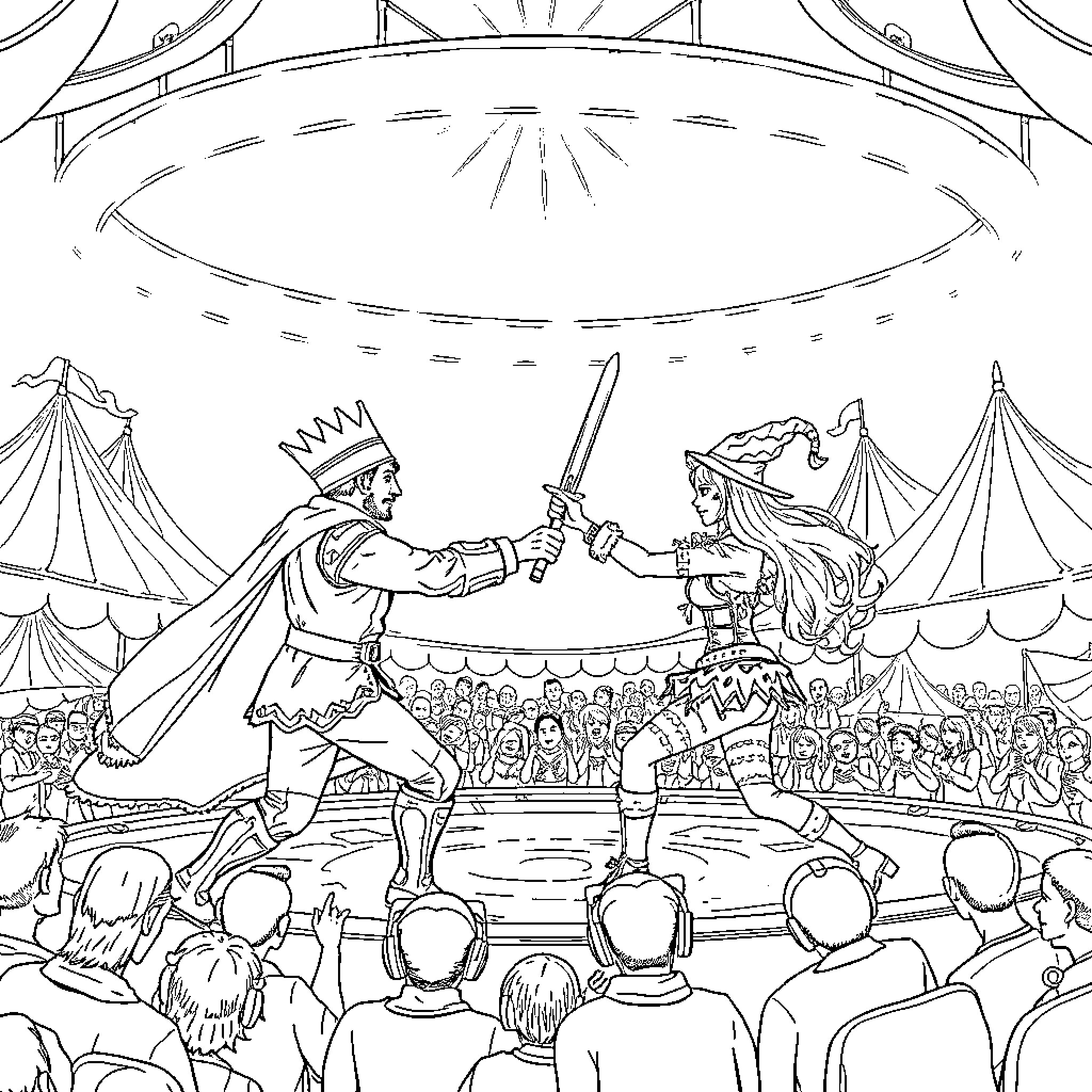 Duke Erisia's Circus Battle of the Champions Coloring Page (free black-and-white line drawing printable PDF for all, from beginners to advanced learners, including children, teens, adults, and seniors)