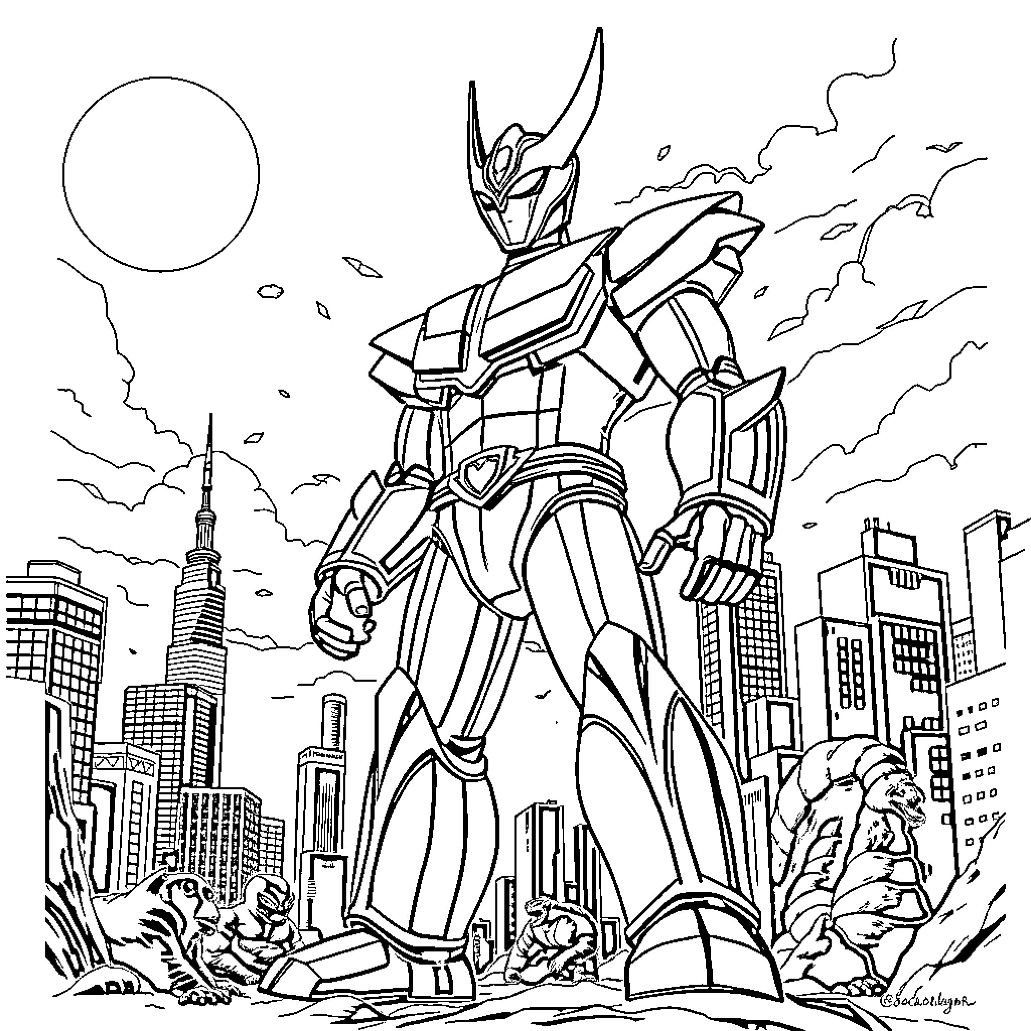 Ultraman standing tall in the city landscape Coloring Page (free black-and-white line drawing printable PDF for all, from beginners to advanced learners, including children, teens, adults, and seniors)