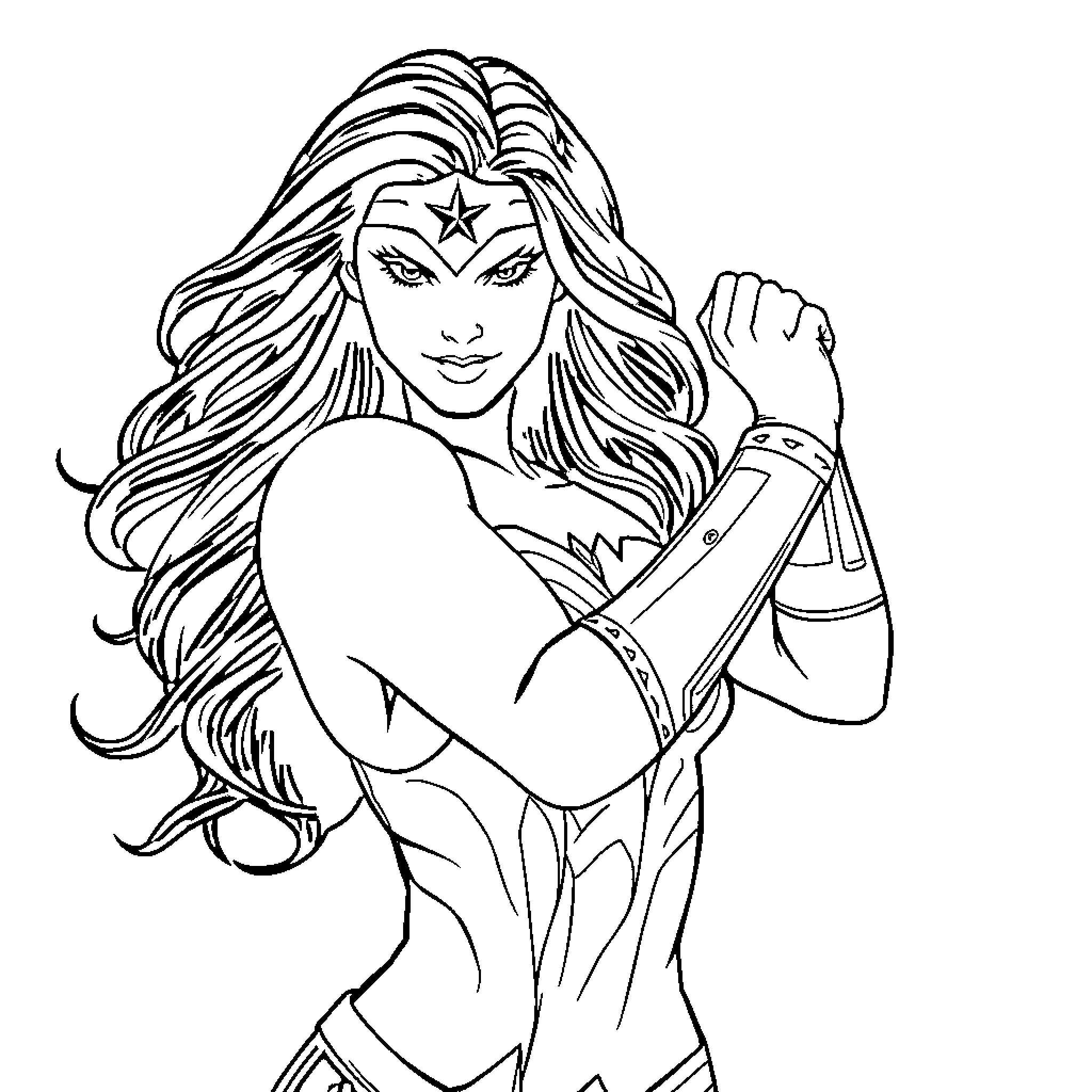 Wonder Woman in heroic pose Coloring Page (free black-and-white line drawing printable PDF for all, from beginners to advanced learners, including children, teens, adults, and seniors)