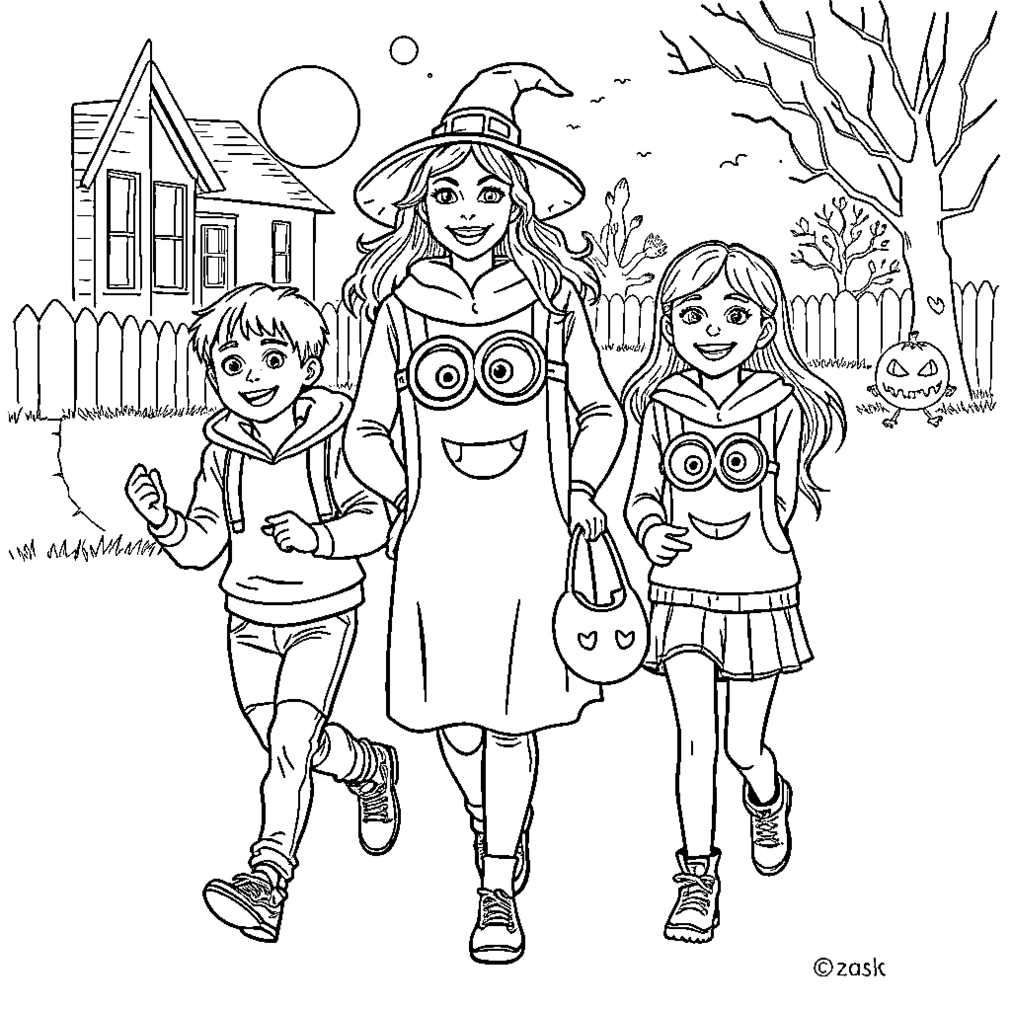Woman and children enjoying a Halloween adventure Coloring Page (free black-and-white line drawing printable PDF for all, from beginners to advanced learners, including children, teens, adults, and seniors)