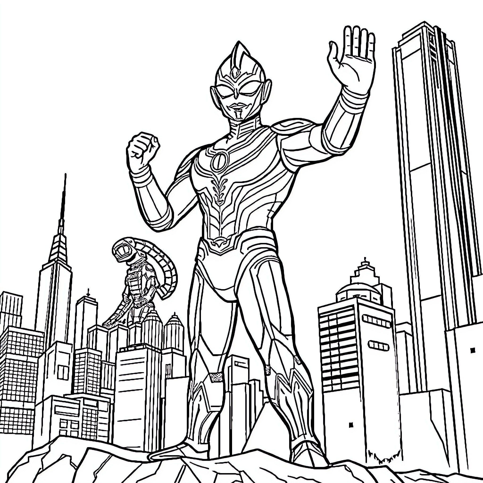 Ultraman heroically stands tall in the city Coloring Page (free black-and-white line drawing printable PDF for all, from beginners to advanced learners, including children, teens, adults, and seniors)