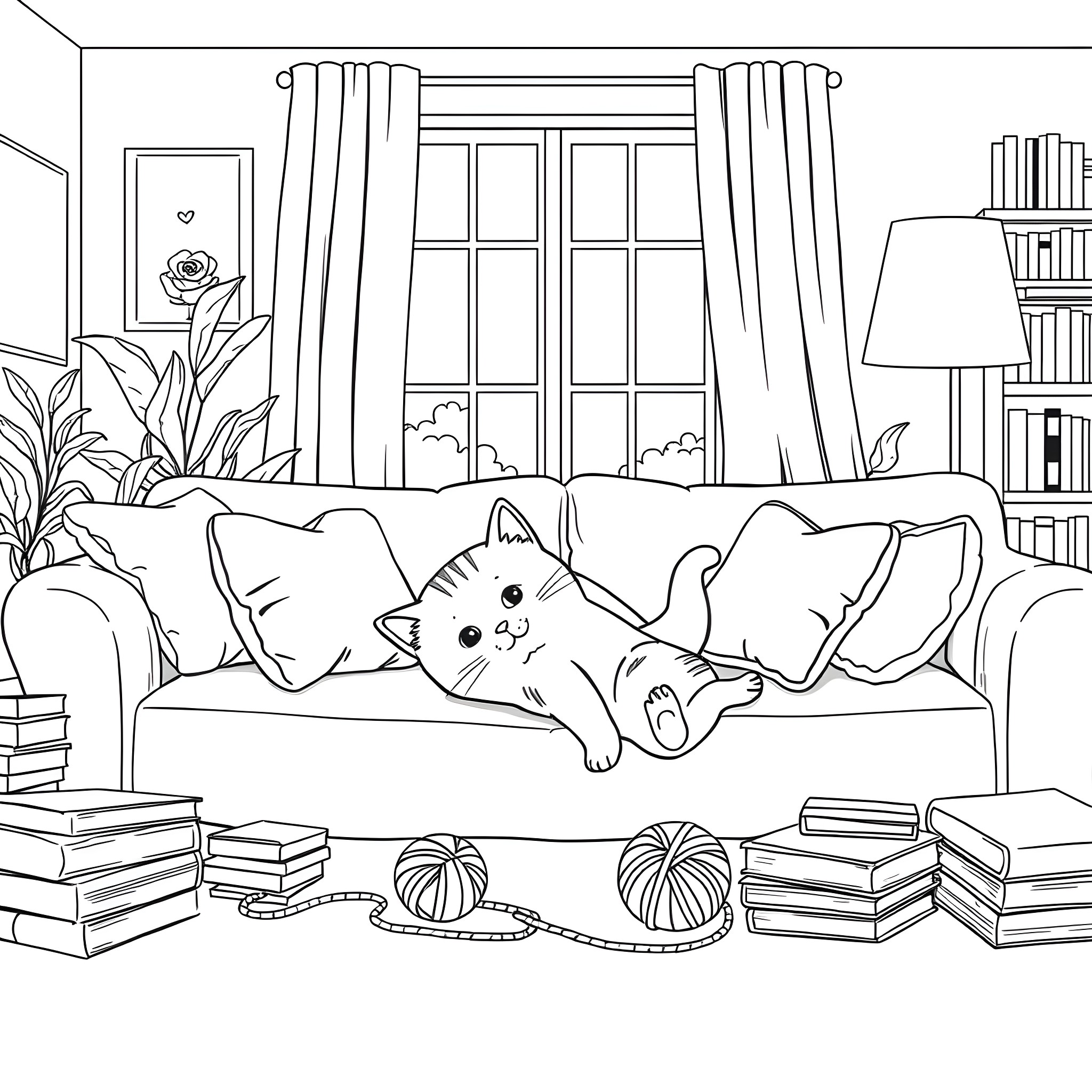 Cat relaxing on cozy sofa in cozy home Coloring Page (free black-and-white line drawing printable PDF for all, from beginners to advanced learners, including children, teens, adults, and seniors)