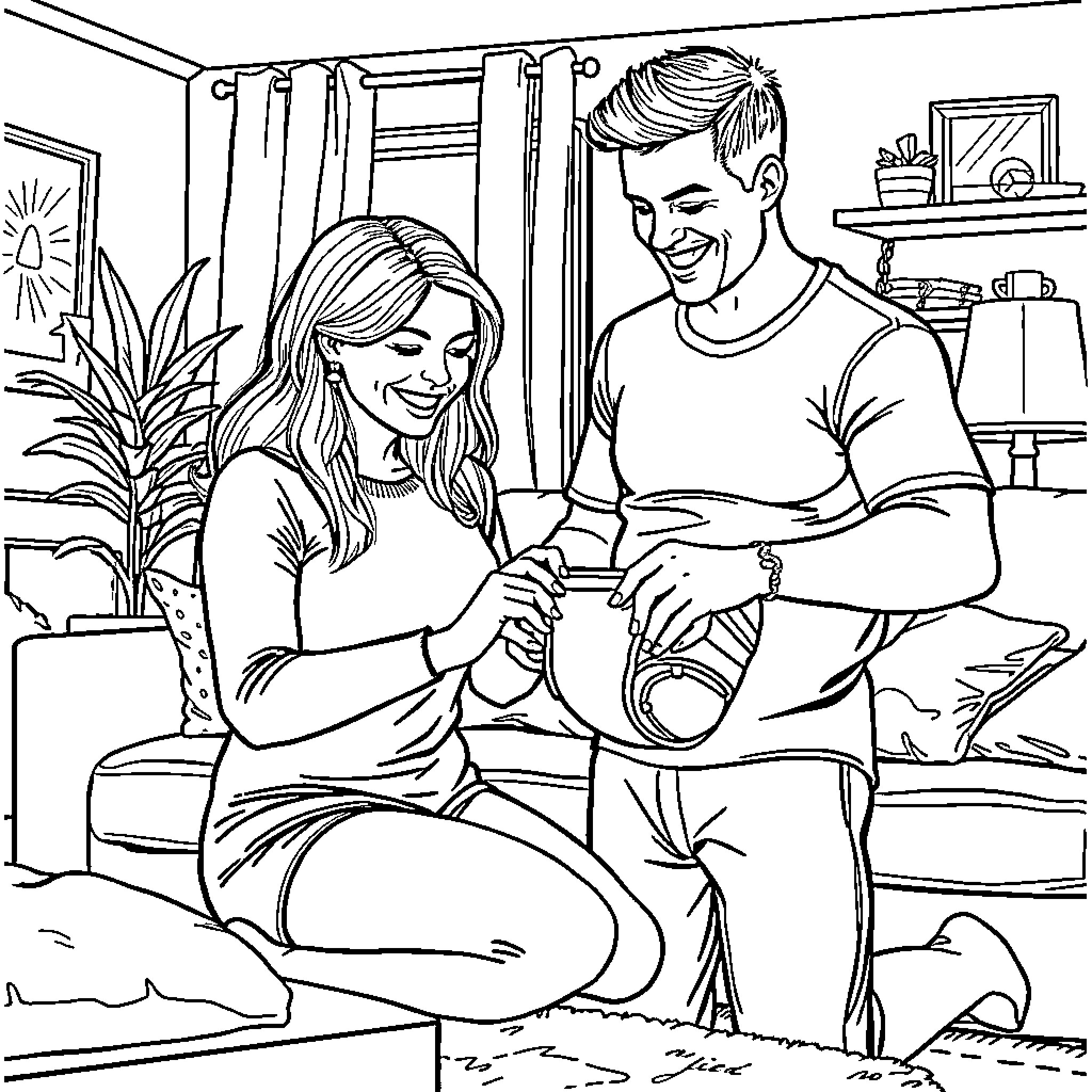 Wife and husband enjoying quality time together Coloring Page (free black-and-white line drawing printable PDF for all, from beginners to advanced learners, including children, teens, adults, and seniors)