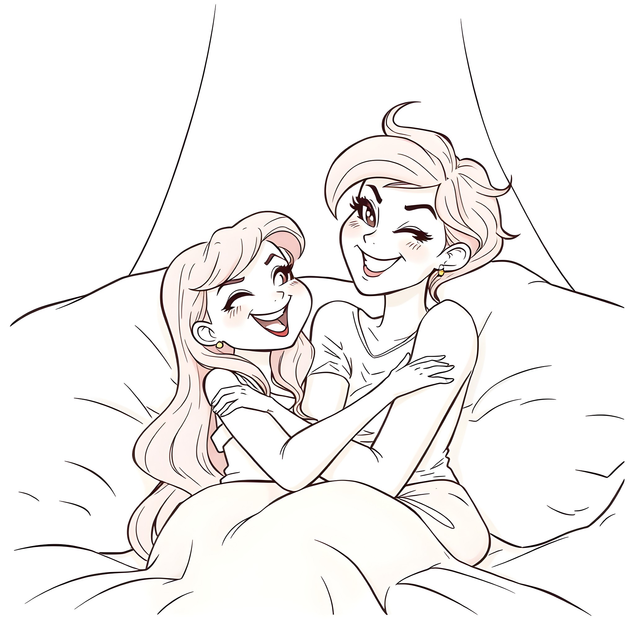 Redhead sisters sharing a tender moment Coloring Page (free black-and-white line drawing printable PDF for all, from beginners to advanced learners, including children, teens, adults, and seniors)