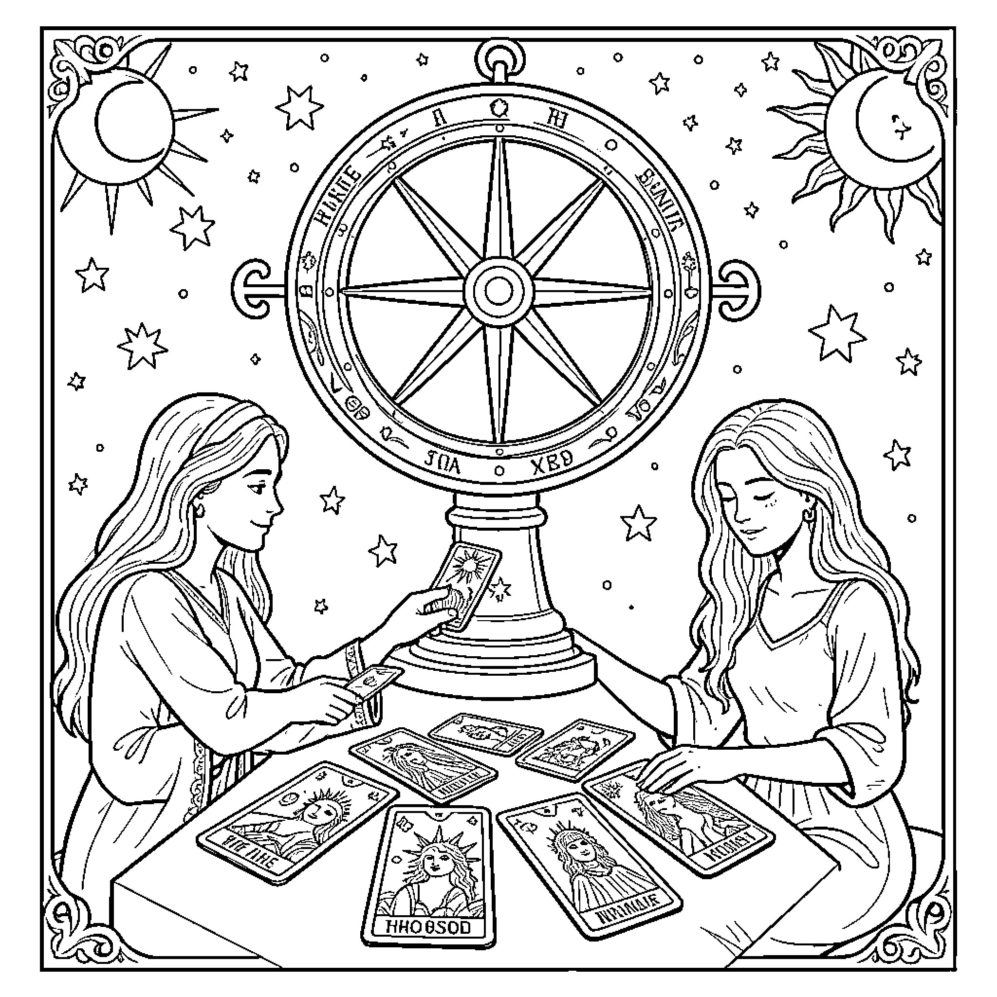Tarot Card Reading in the Starry Night Coloring Page (free black-and-white line drawing printable PDF for all, from beginners to advanced learners, including children, teens, adults, and seniors)