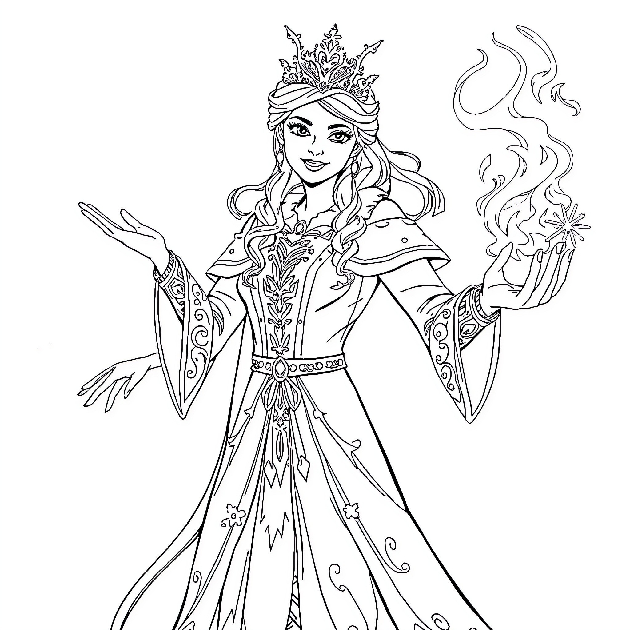 Queen showcasing her regal attire and floral crown Coloring Page (free black-and-white line drawing printable PDF for all, from beginners to advanced learners, including children, teens, adults, and seniors)