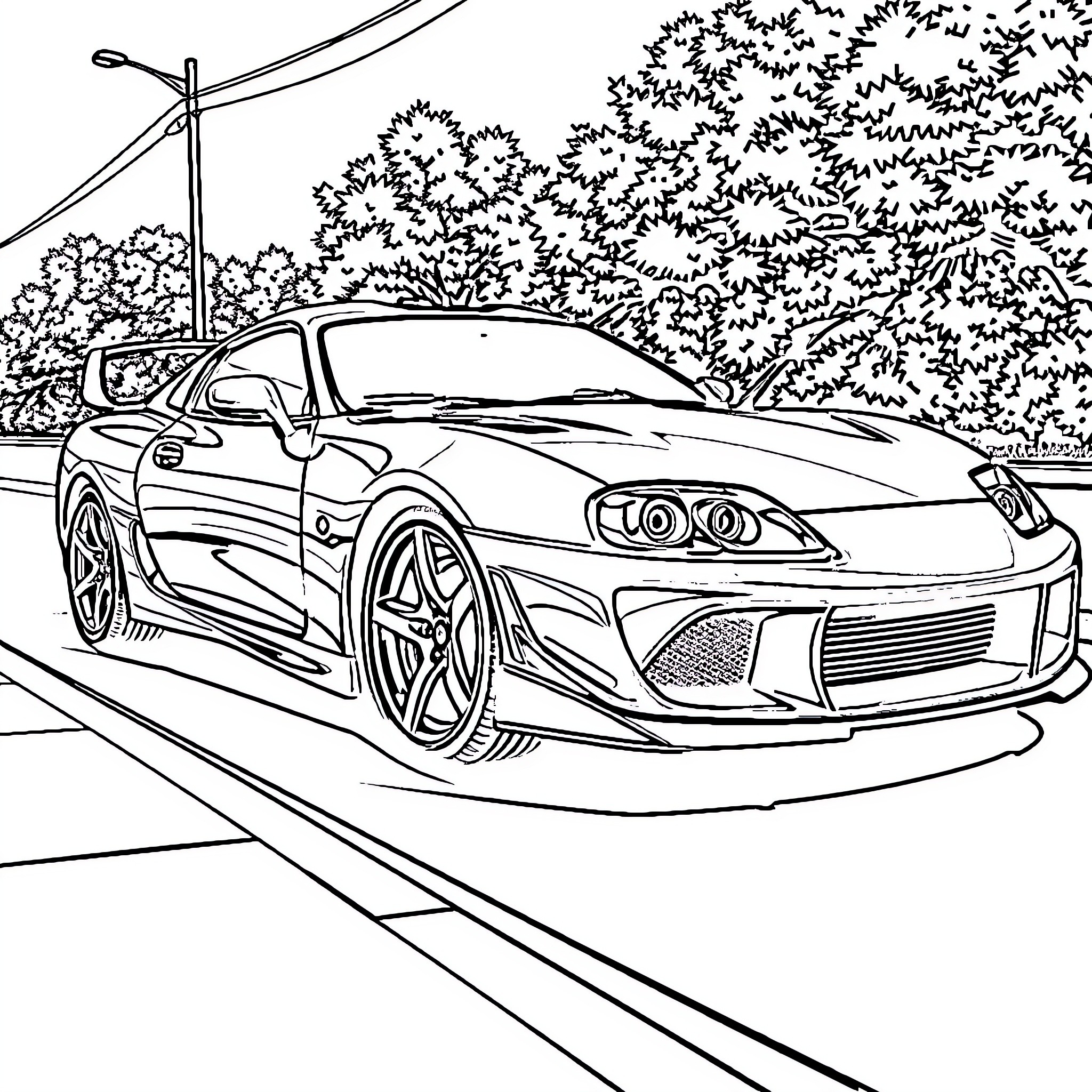 Supra sports car on the road Coloring Page (free black-and-white line drawing printable PDF for all, from beginners to advanced learners, including children, teens, adults, and seniors)