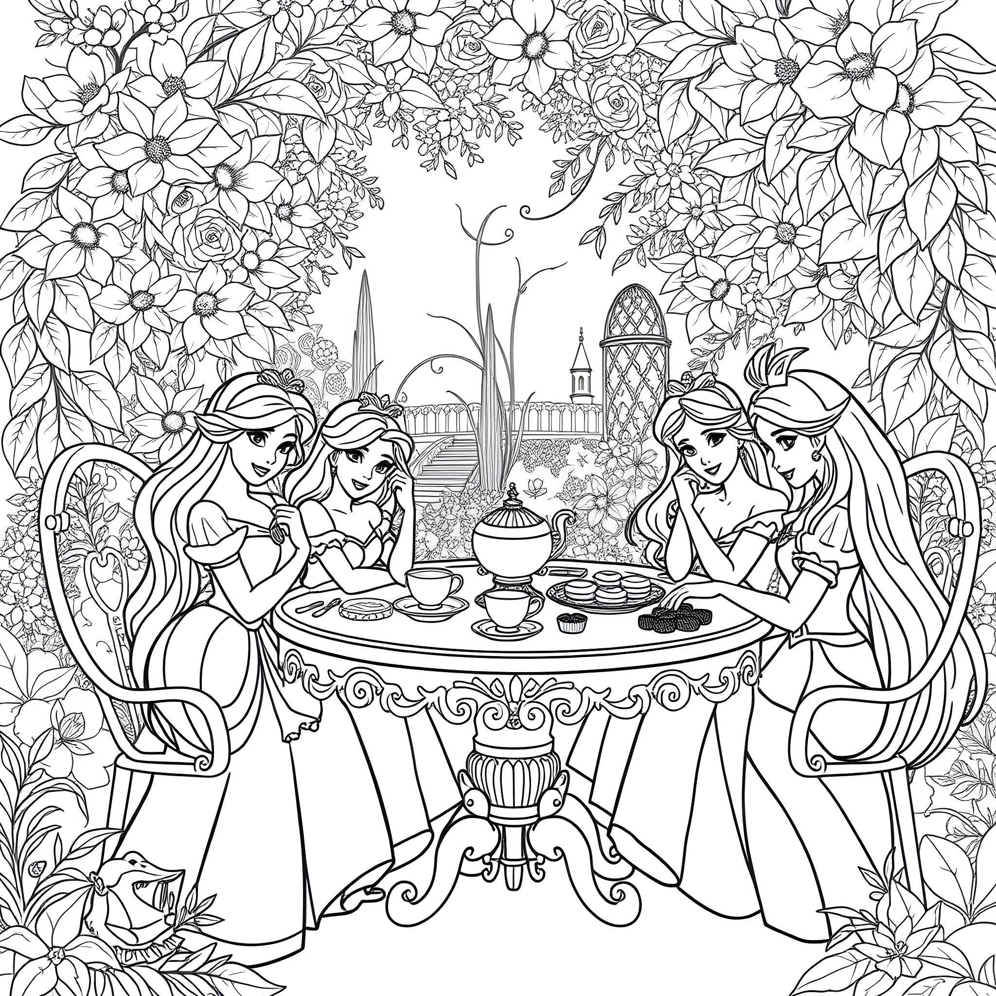 Princess Companions Enjoying Tea Time in a Floral Garden Coloring Page (free black-and-white line drawing printable PDF for all, from beginners to advanced learners, including children, teens, adults, and seniors)