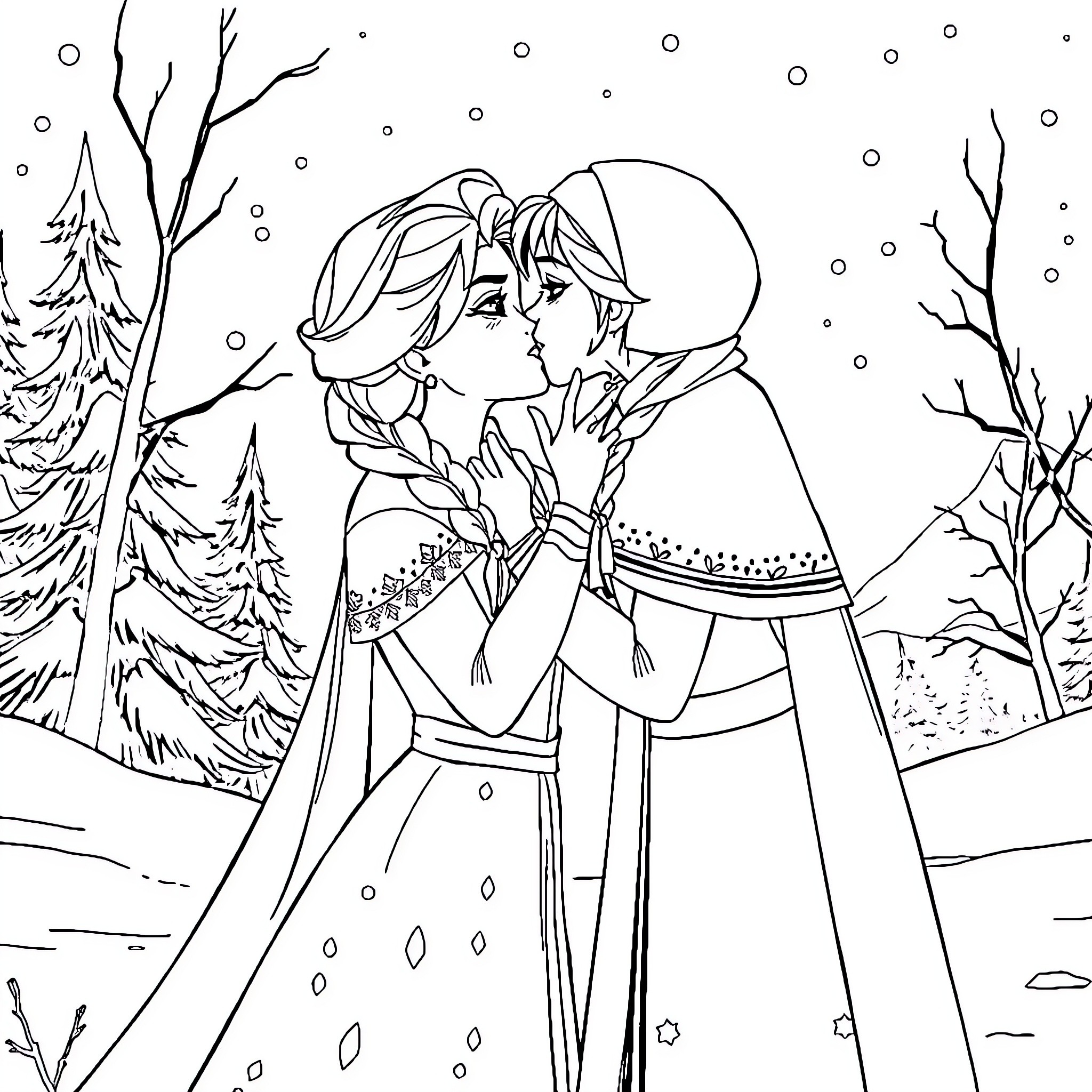 Anna and Elsa sharing a tender embrace in the winter wonderland Coloring Page (free black-and-white line drawing printable PDF for all, from beginners to advanced learners, including children, teens, adults, and seniors)