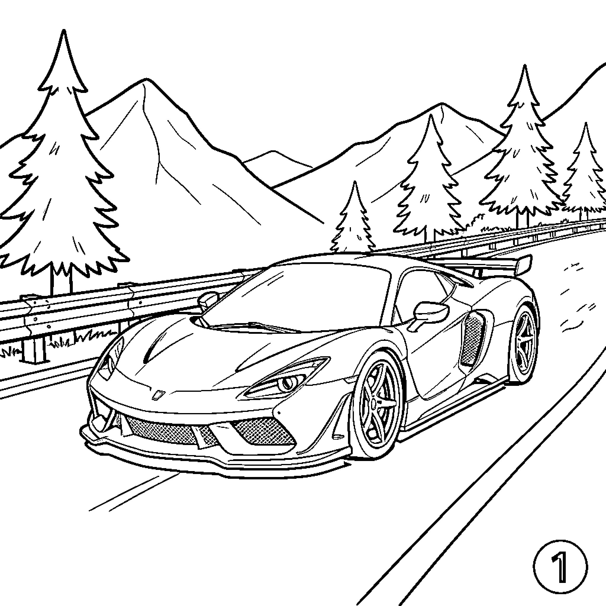 Supercar driving along a scenic mountain road Coloring Page (free black-and-white line drawing printable PDF for all, from beginners to advanced learners, including children, teens, adults, and seniors)