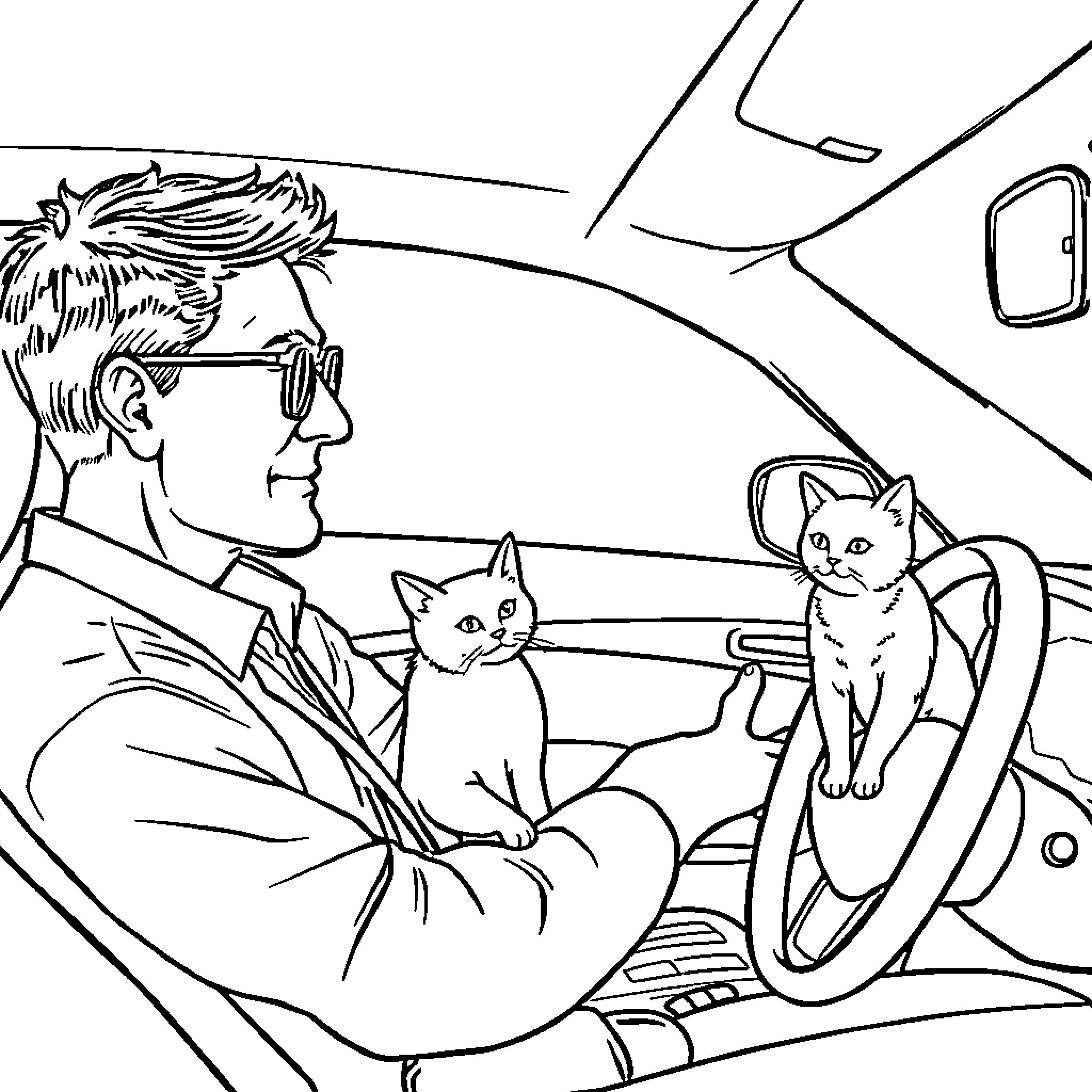 Cat Enjoying Ride with Owner in Car Coloring Page (free black-and-white line drawing printable PDF for all, from beginners to advanced learners, including children, teens, adults, and seniors)