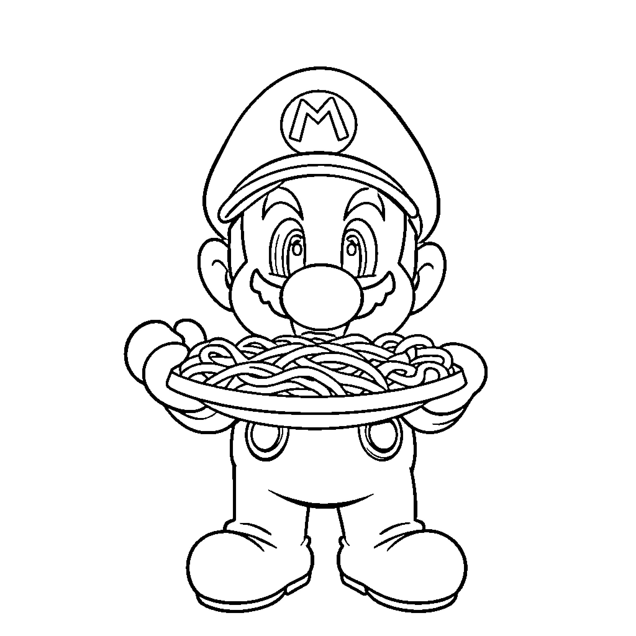 Mario serving a plate of spaghetti Coloring Page (free black-and-white line drawing printable PDF for all, from beginners to advanced learners, including children, teens, adults, and seniors)