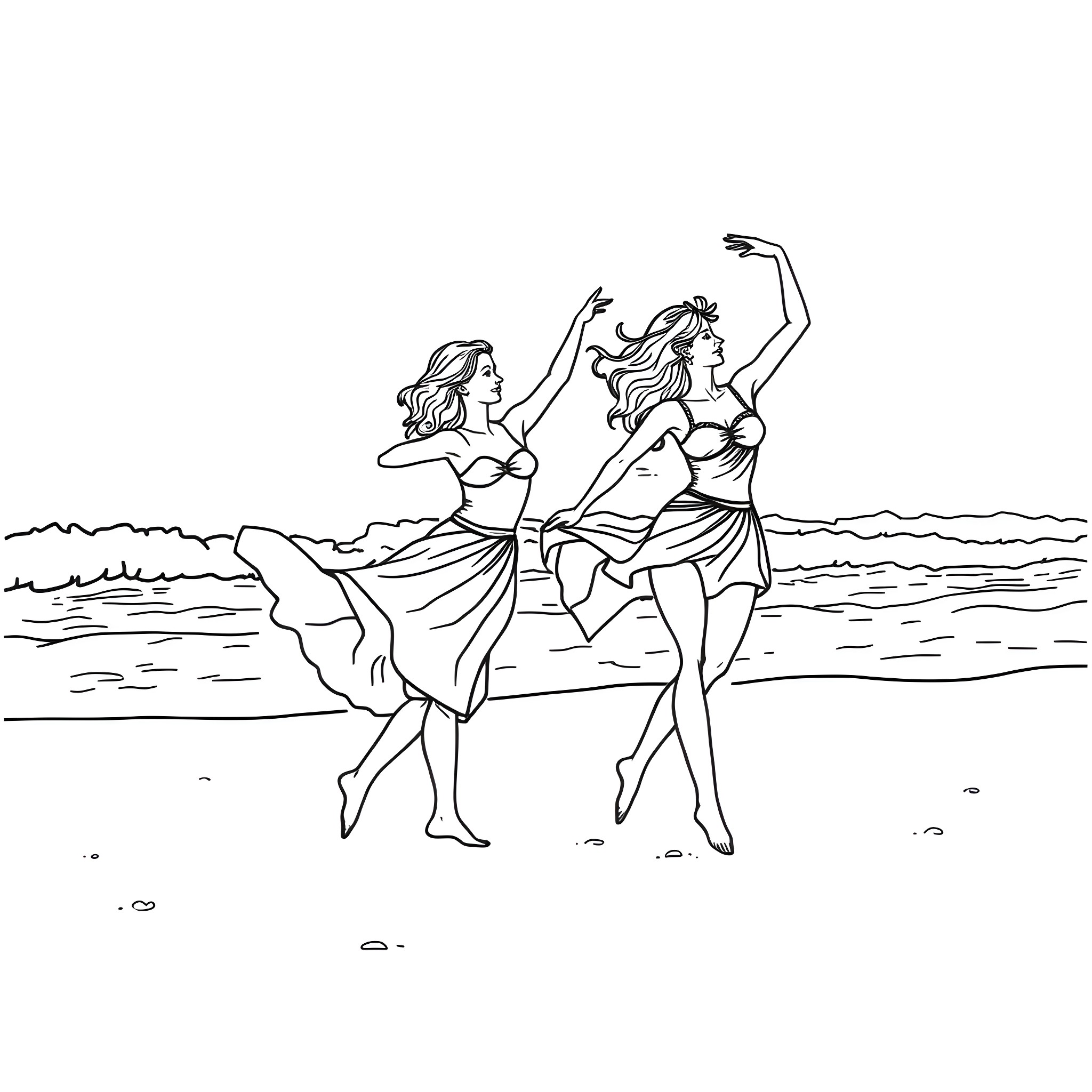 Dancer's graceful performance at the beach Coloring Page (free black-and-white line drawing printable PDF for all, from beginners to advanced learners, including children, teens, adults, and seniors)