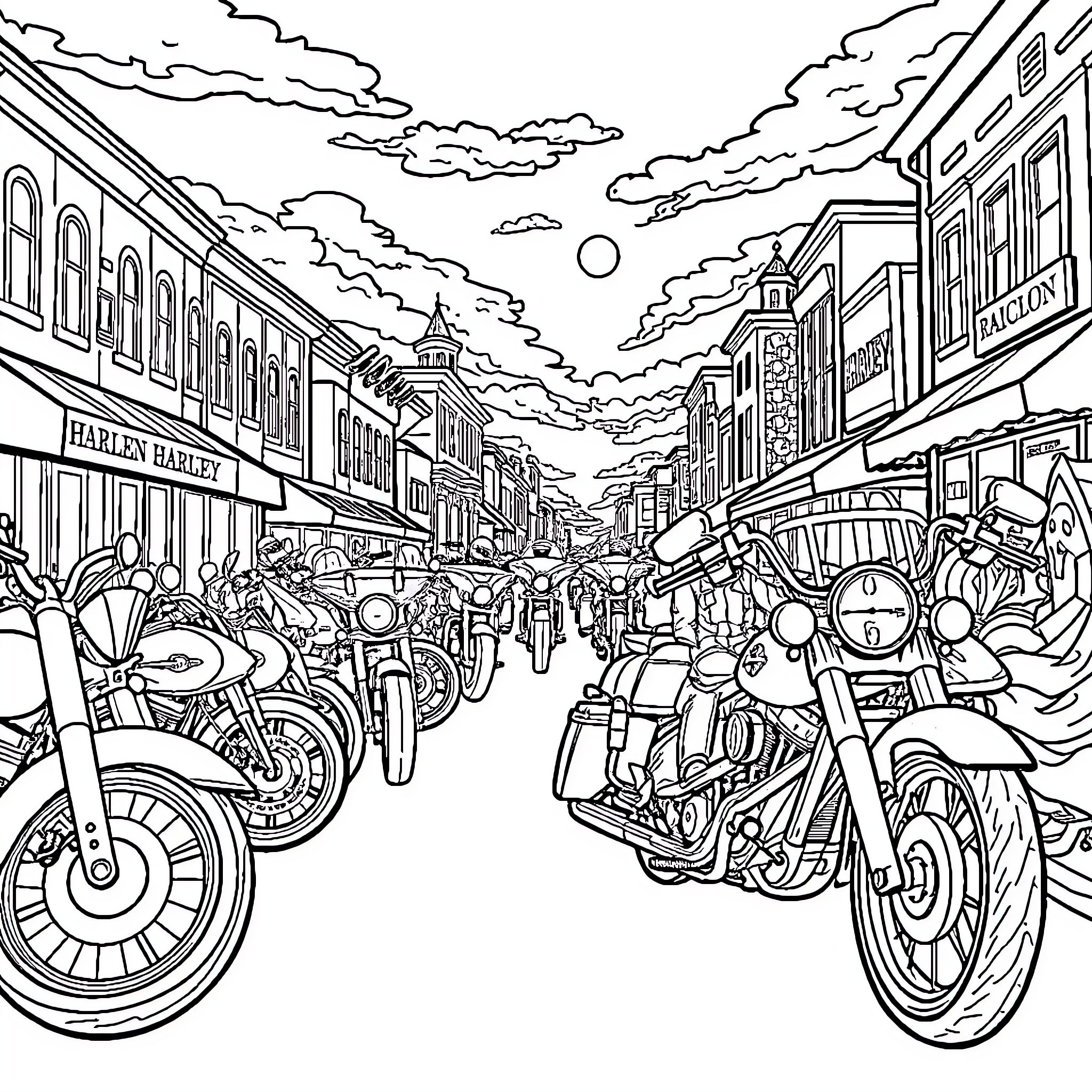 Harley Bikes Parading Through Bustling Street Coloring Page (free black-and-white line drawing printable PDF for all, from beginners to advanced learners, including children, teens, adults, and seniors)