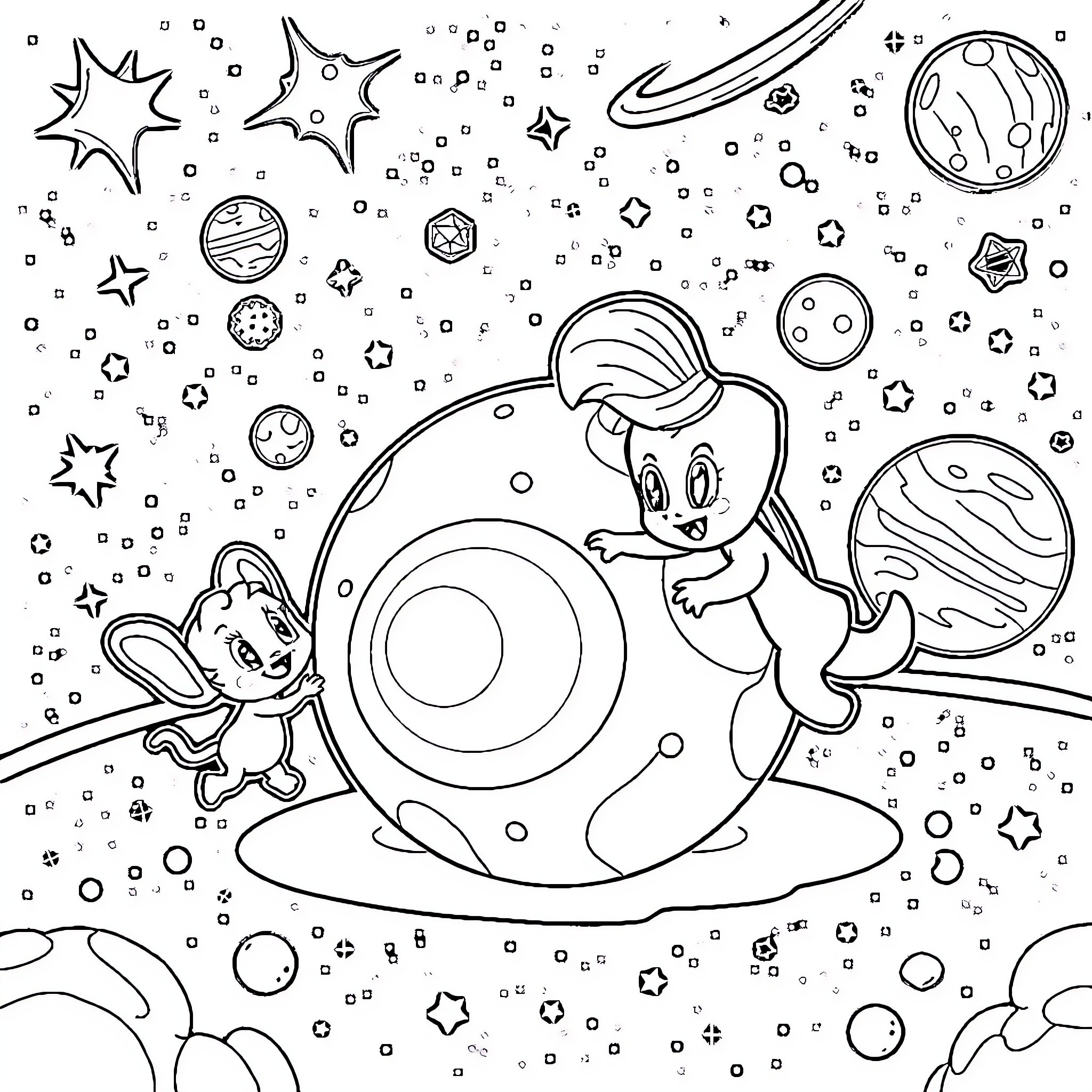 Bluey's Cosmic Adventure Coloring Page (free black-and-white line drawing printable PDF for all, from beginners to advanced learners, including children, teens, adults, and seniors)