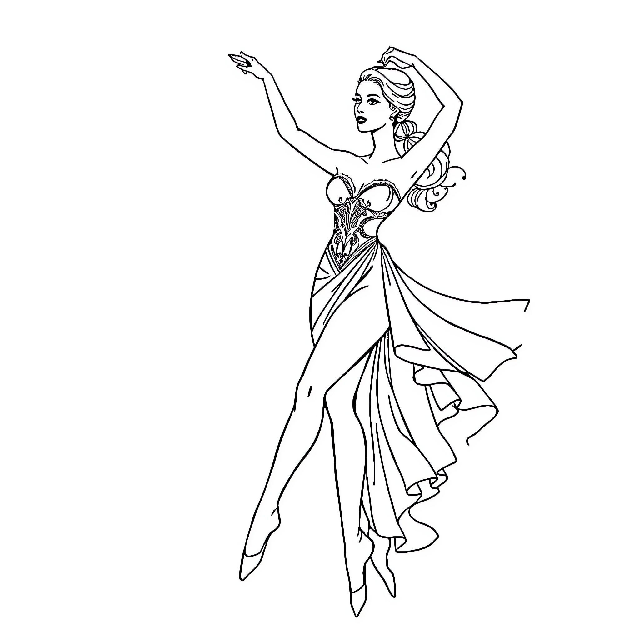 Ballerina in Flowing Dress Performing Graceful Dance Coloring Page (free black-and-white line drawing printable PDF for all, from beginners to advanced learners, including children, teens, adults, and seniors)