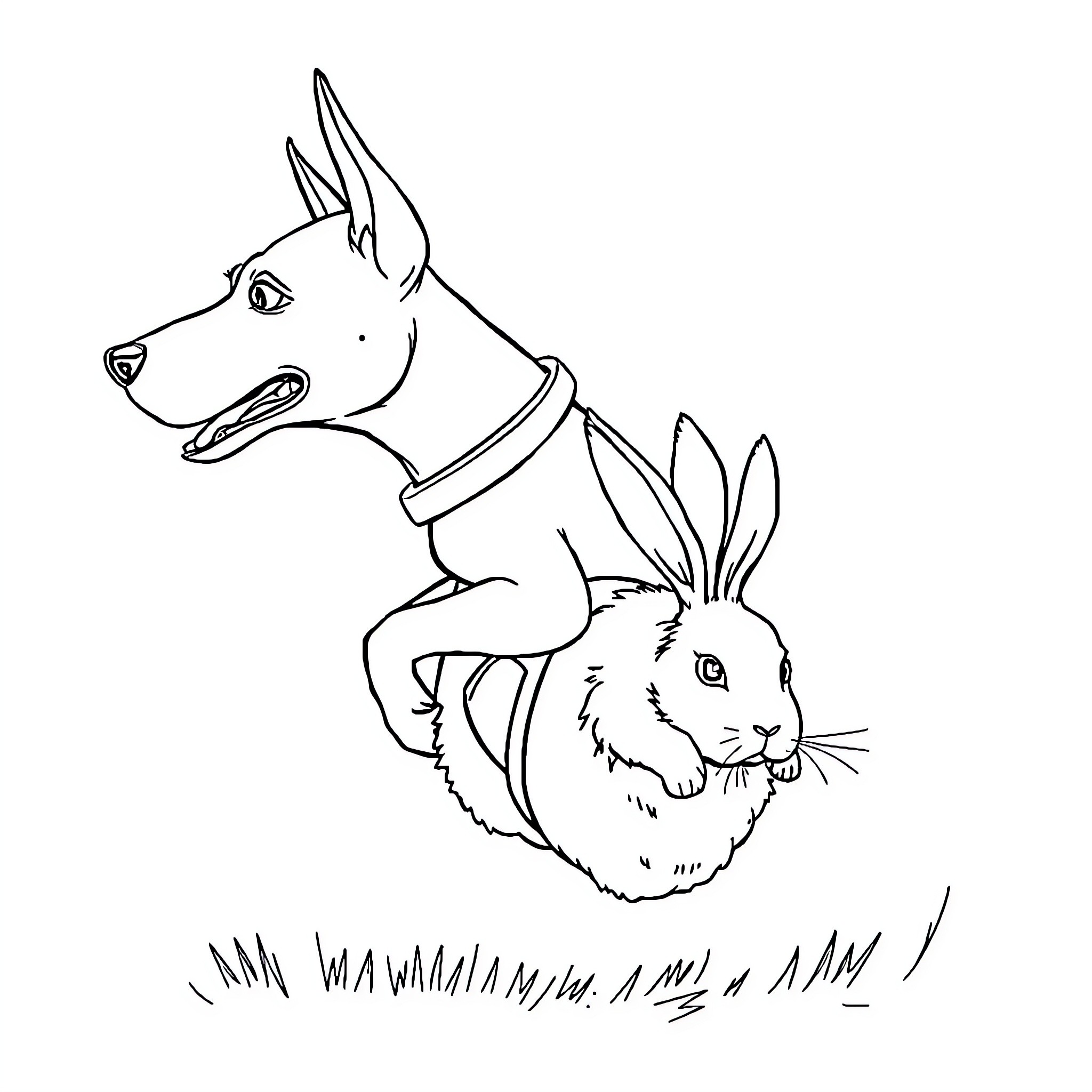 Dogo Argentino playing with rabbit in field Coloring Page (free black-and-white line drawing printable PDF for all, from beginners to advanced learners, including children, teens, adults, and seniors)