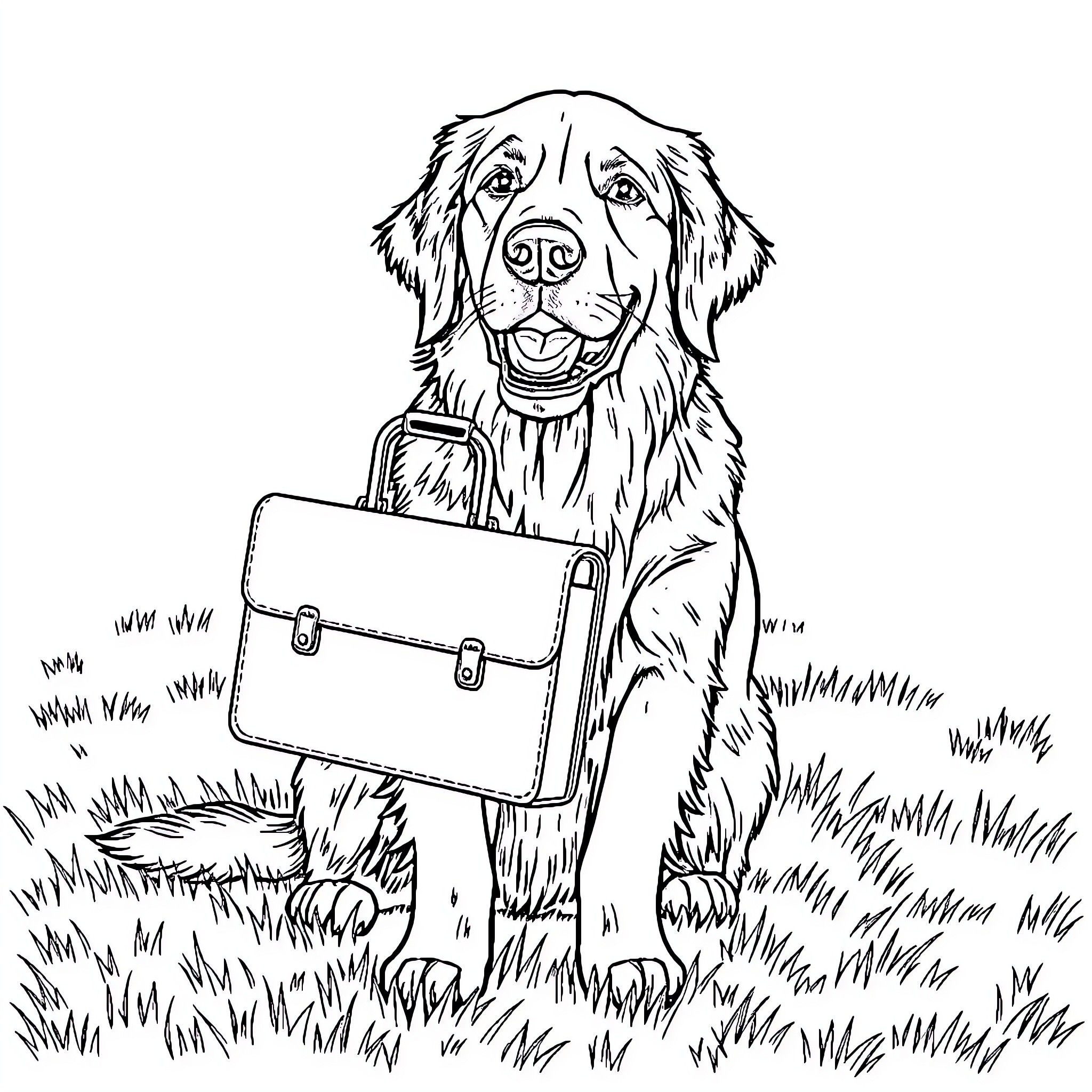 Golden Retriever carrying a briefcase in the grass Coloring Page (free black-and-white line drawing printable PDF for all, from beginners to advanced learners, including children, teens, adults, and seniors)