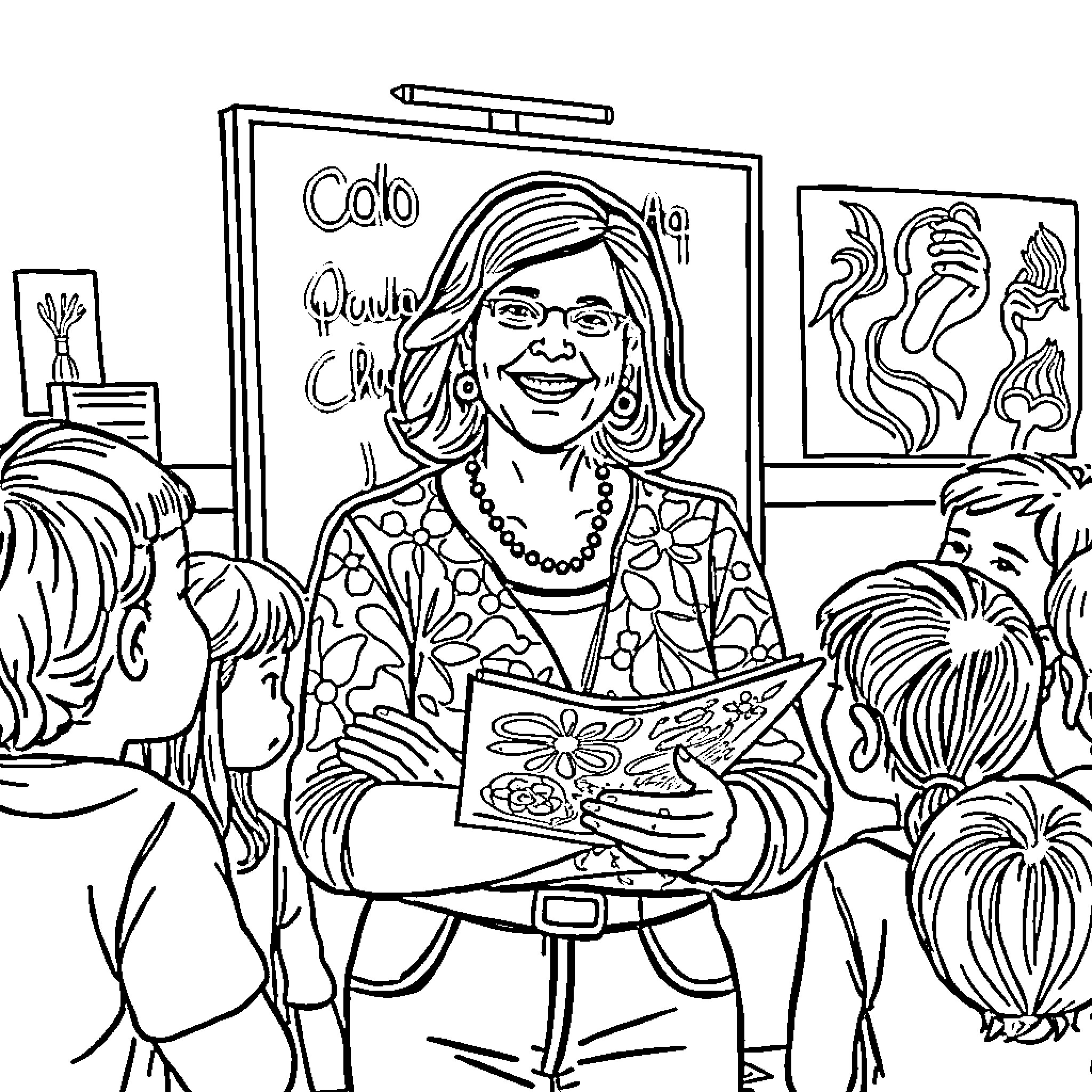 Colleen Murray Fisher teaching art class with vibrant artwork Coloring Page (free black-and-white line drawing printable PDF for all, from beginners to advanced learners, including children, teens, adults, and seniors)