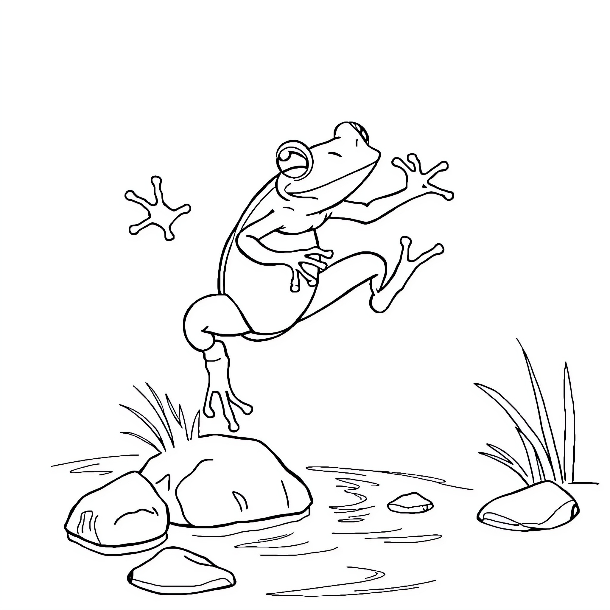 Frog jumping excitedly in the pond Coloring Page (free black-and-white line drawing printable PDF for all, from beginners to advanced learners, including children, teens, adults, and seniors)